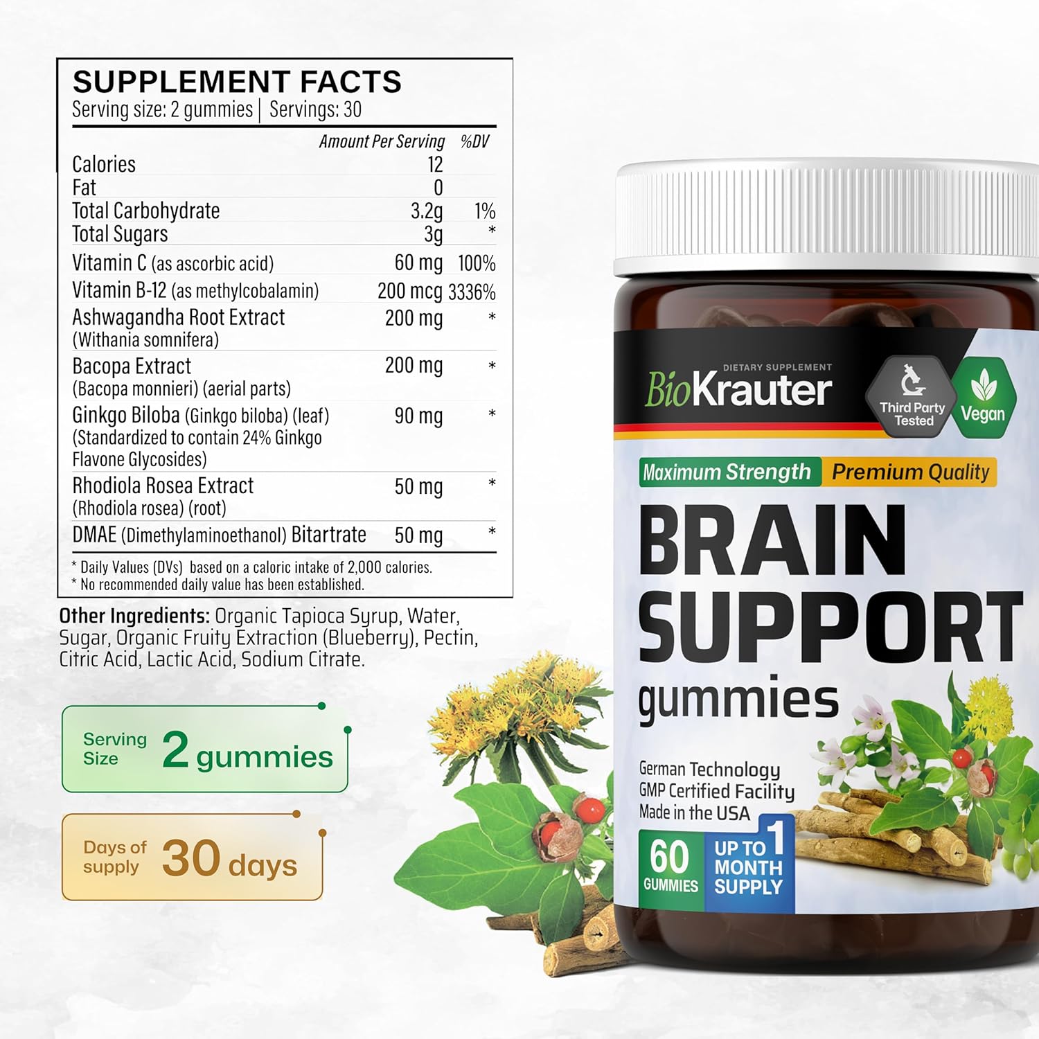 60 Gummies & 4 Fl. Oz. Mushroom Tincture for Brain Support - BIO KRAUTER