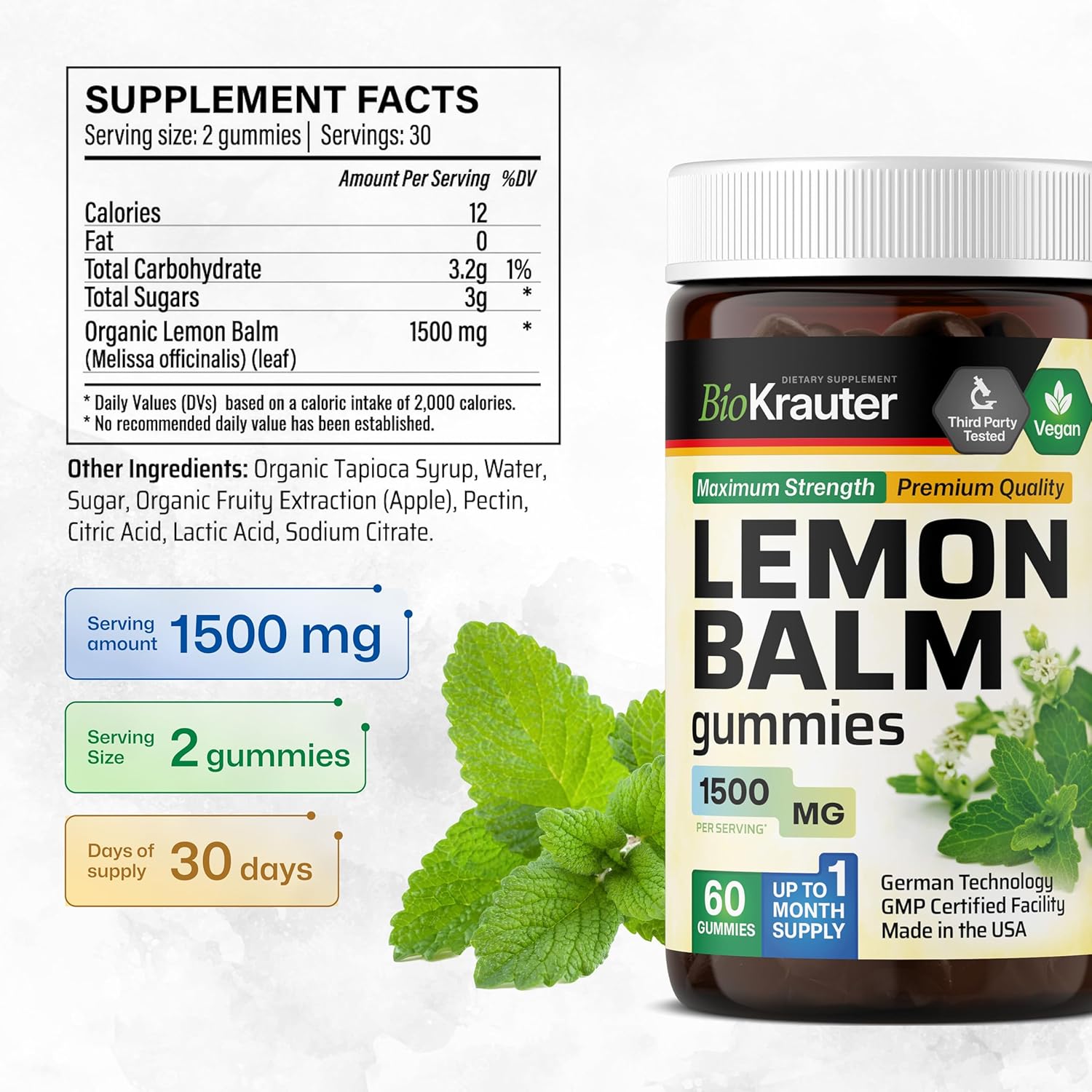60 Gummies of BIO KRAUTER Lemon Balm and Adrenal Support Formula for Stress Relief and Wellness