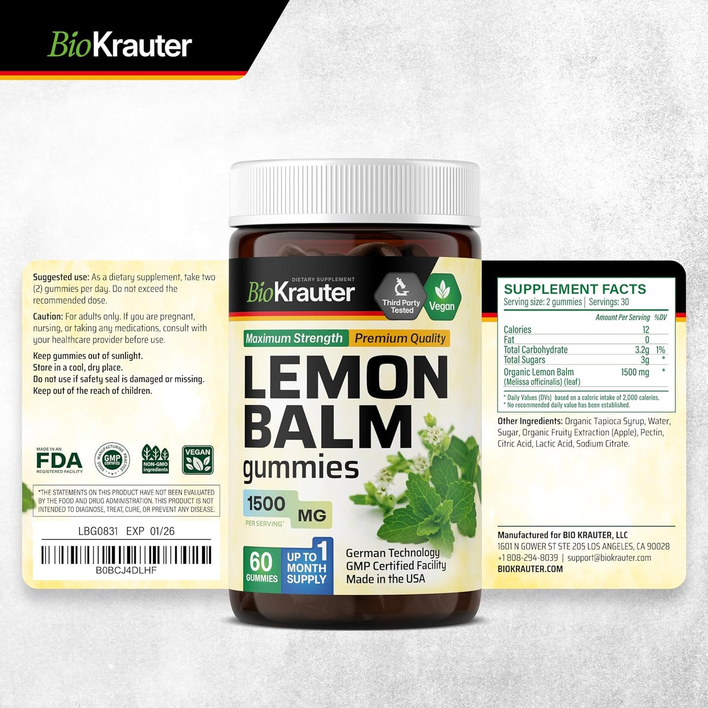 60 Gummies of BIO KRAUTER Lemon Balm and Adrenal Support Formula for Stress Relief and Wellness