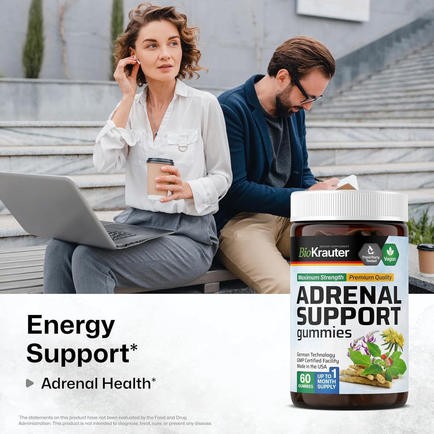 60 Gummies of BIO KRAUTER Lemon Balm and Adrenal Support Formula for Stress Relief and Wellness