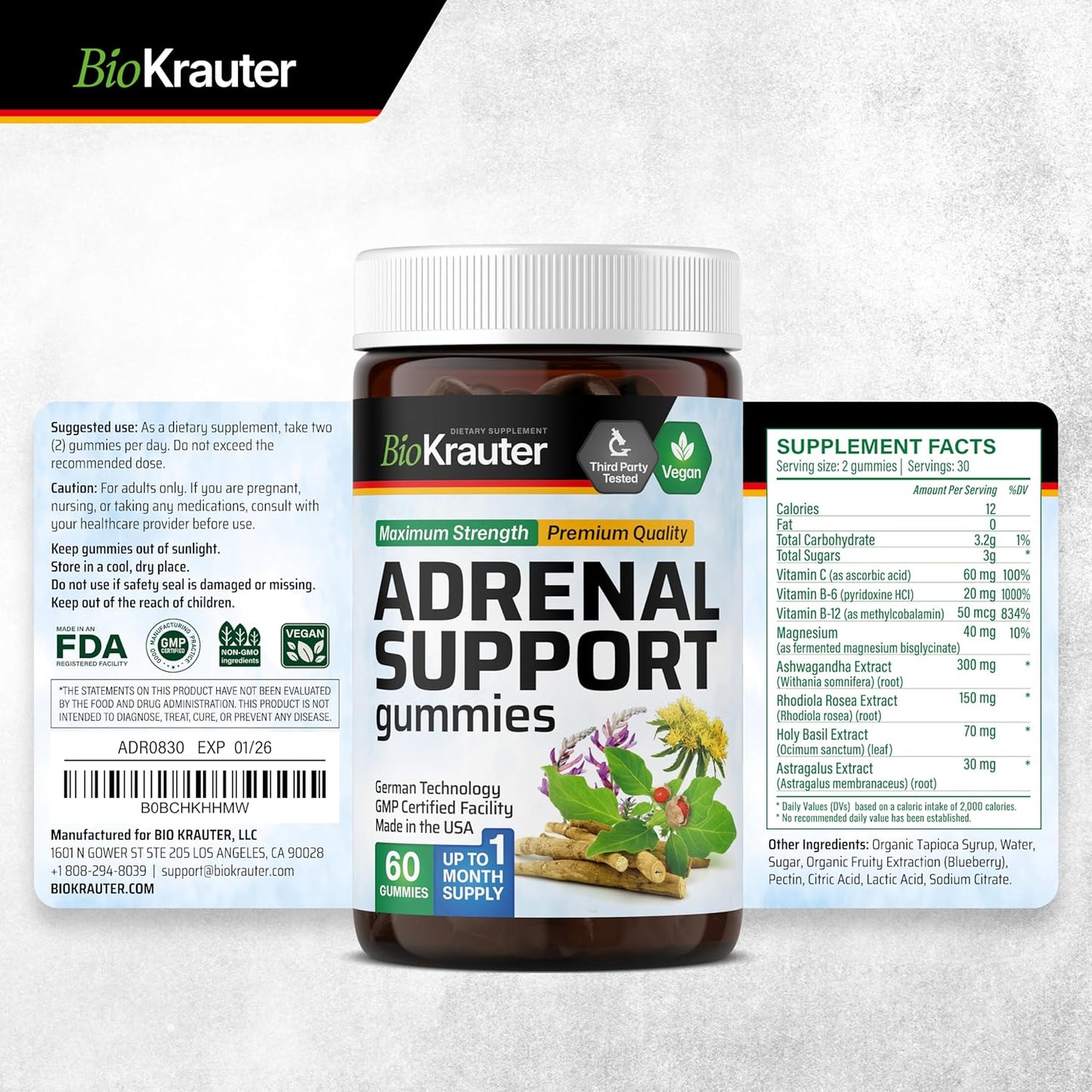 60 Gummies of BIO KRAUTER Lemon Balm and Adrenal Support Formula for Stress Relief and Wellness