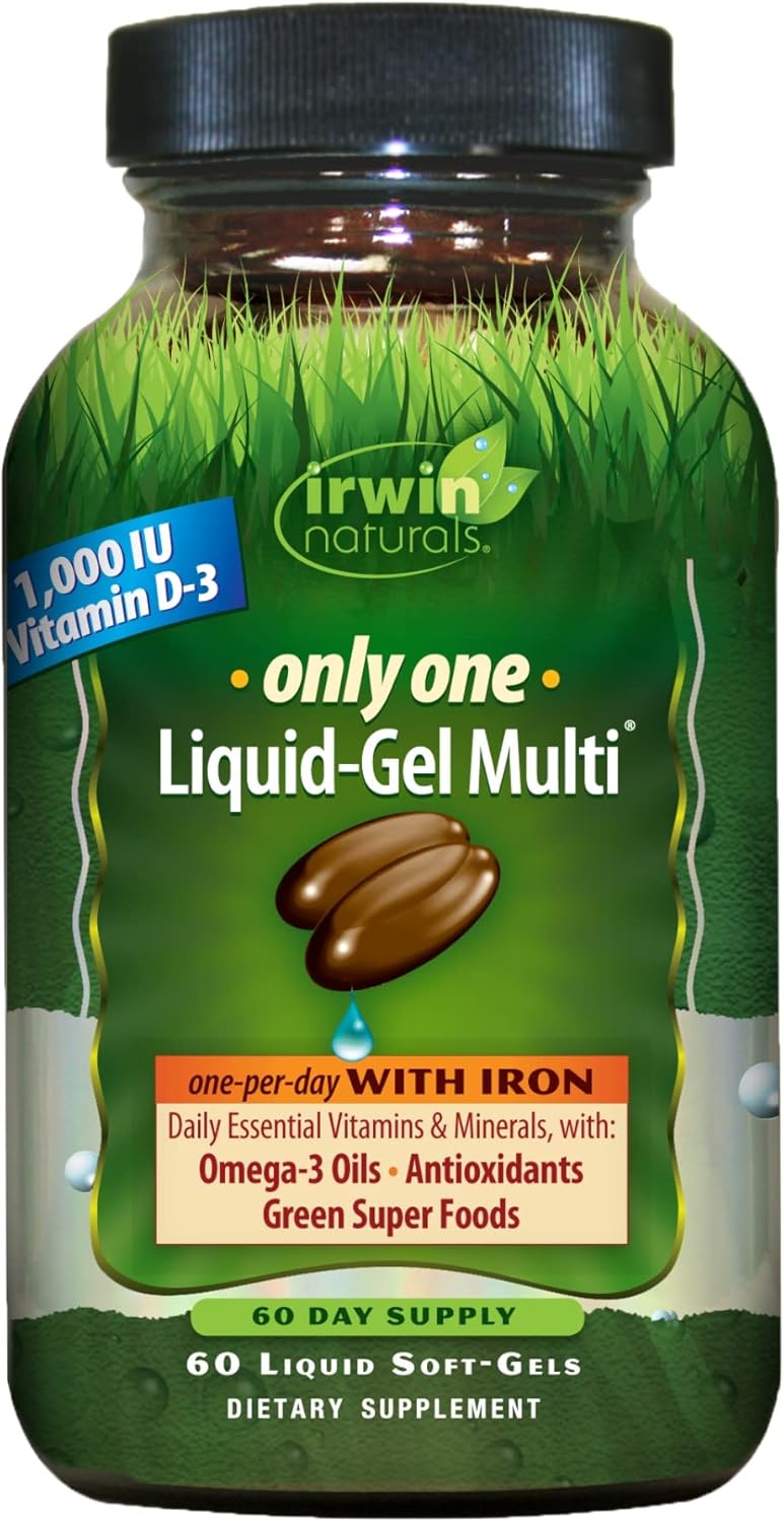 60 Liquid Softgels of Irwin Naturals Only One Liquid-Gel Multi with Iron - Daily Essential Vitamins, Minerals, Antioxidants, Omega-3s & Green Super Foods