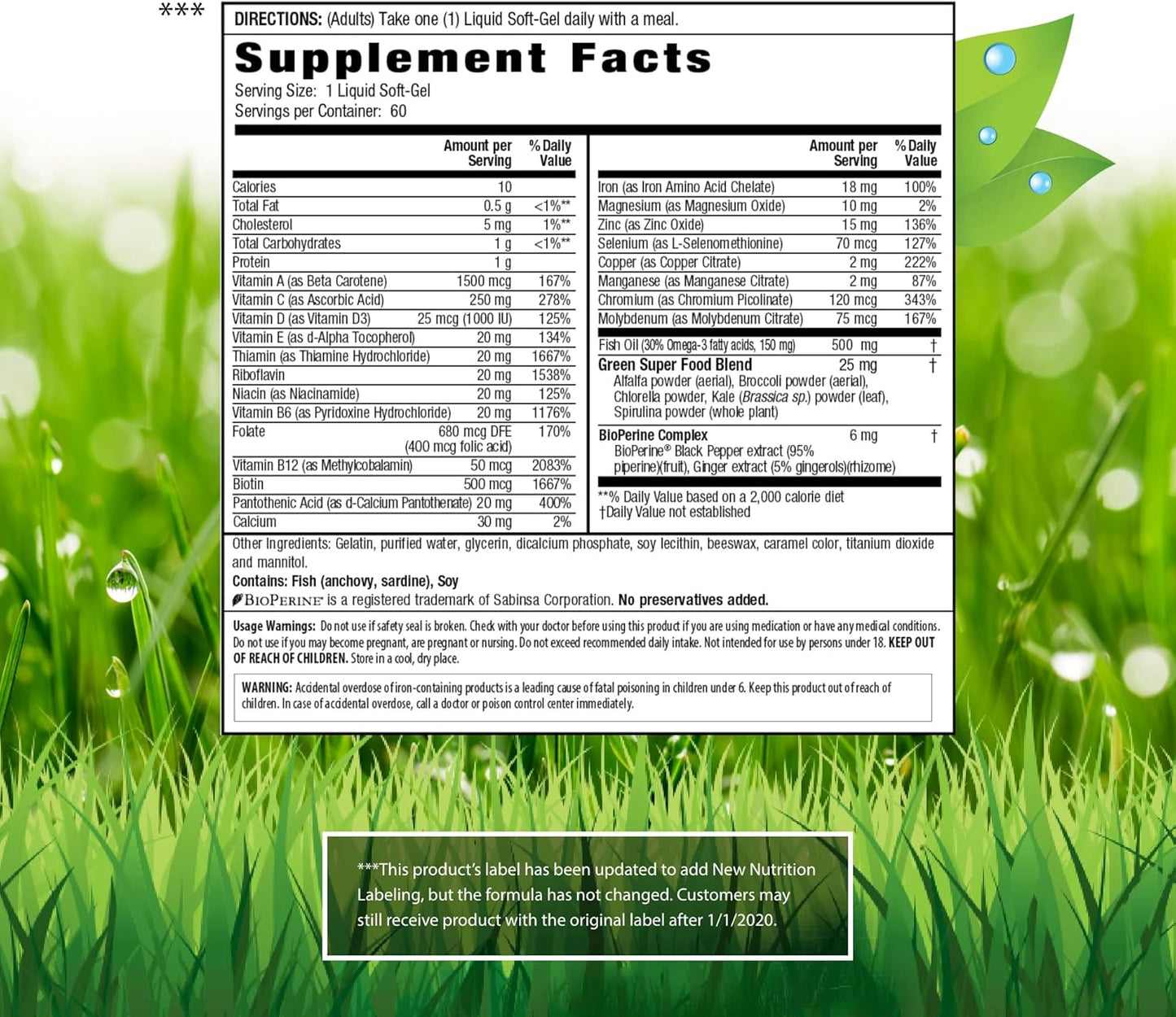 60 Liquid Softgels of Irwin Naturals Only One Liquid-Gel Multi with Iron - Daily Essential Vitamins, Minerals, Antioxidants, Omega-3s & Green Super Foods