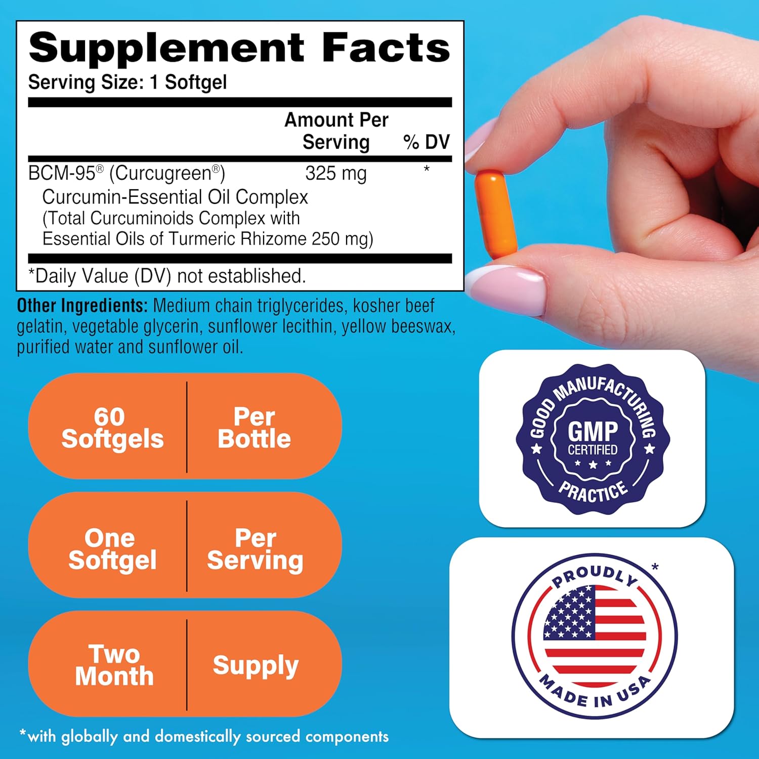 60-Pack Health Thru Nutrition Curcu-Gel Turmeric Curcumin Softgels with BCM-95 Complex, 325mg