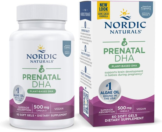 60 Soft Gels of Nordic Naturals Vegan Prenatal DHA with 500 mg Plant-Based DHA for Brain Development in Babies and Healthy Pregnancy - Non-GMO Formula - 30 Servings
