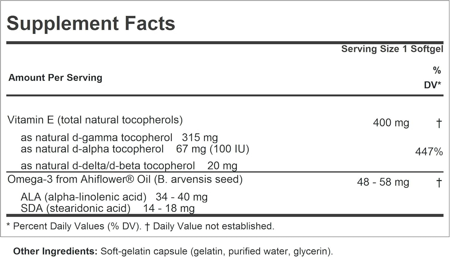 60 Softgels of ANDREW LESSMAN Gamma Vitamin E - 315mg Gamma Tocopherol with Ahiflower Oil for Ultimate Antioxidant Protection