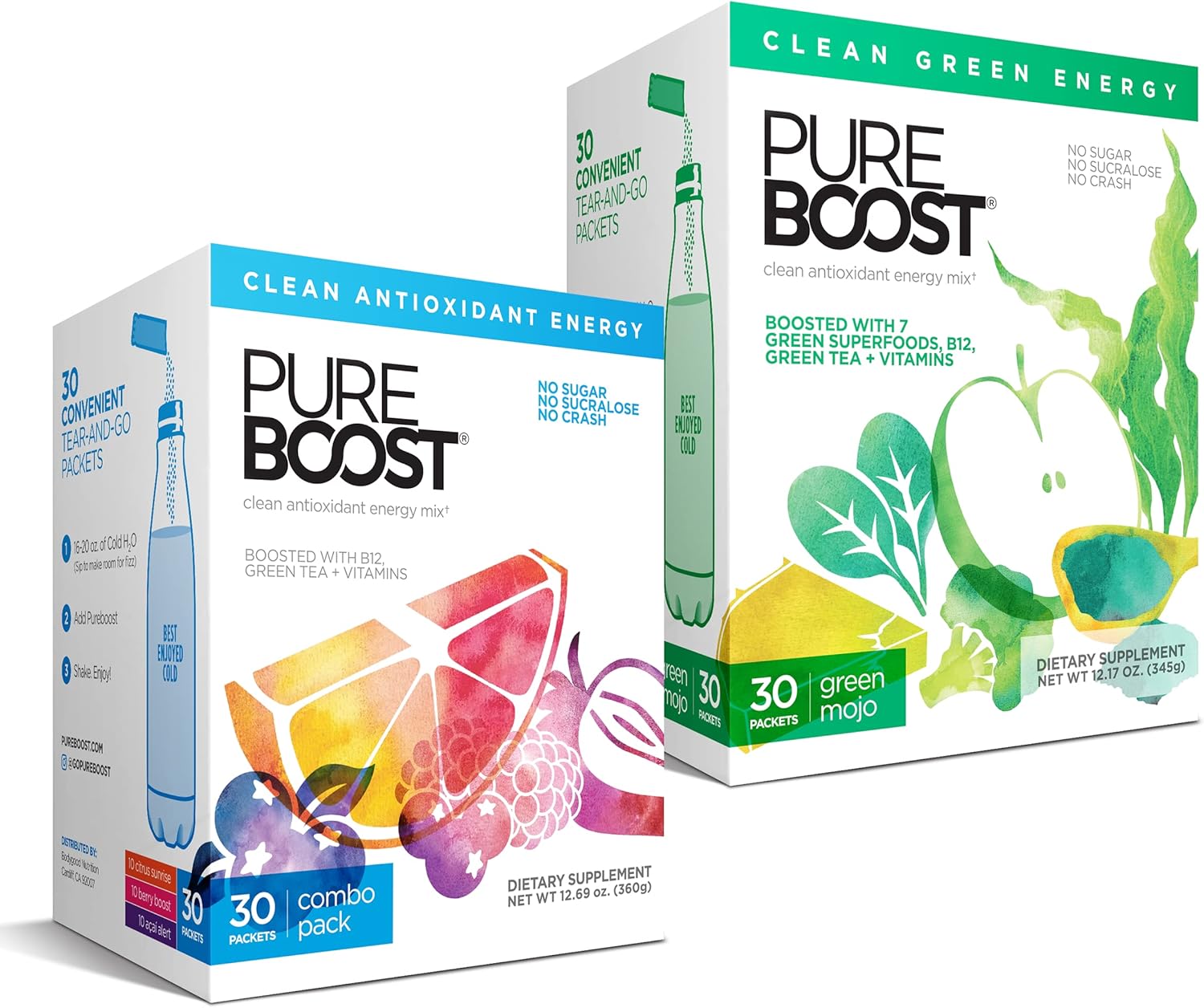 60 Stick Packs of Pureboost Clean Energy and Superfoods Bundle with B12, Vitamin C, and 7 Organic Supergreens. Fruity Combo Pack + Green Mojo for Ultimate Nutrition.