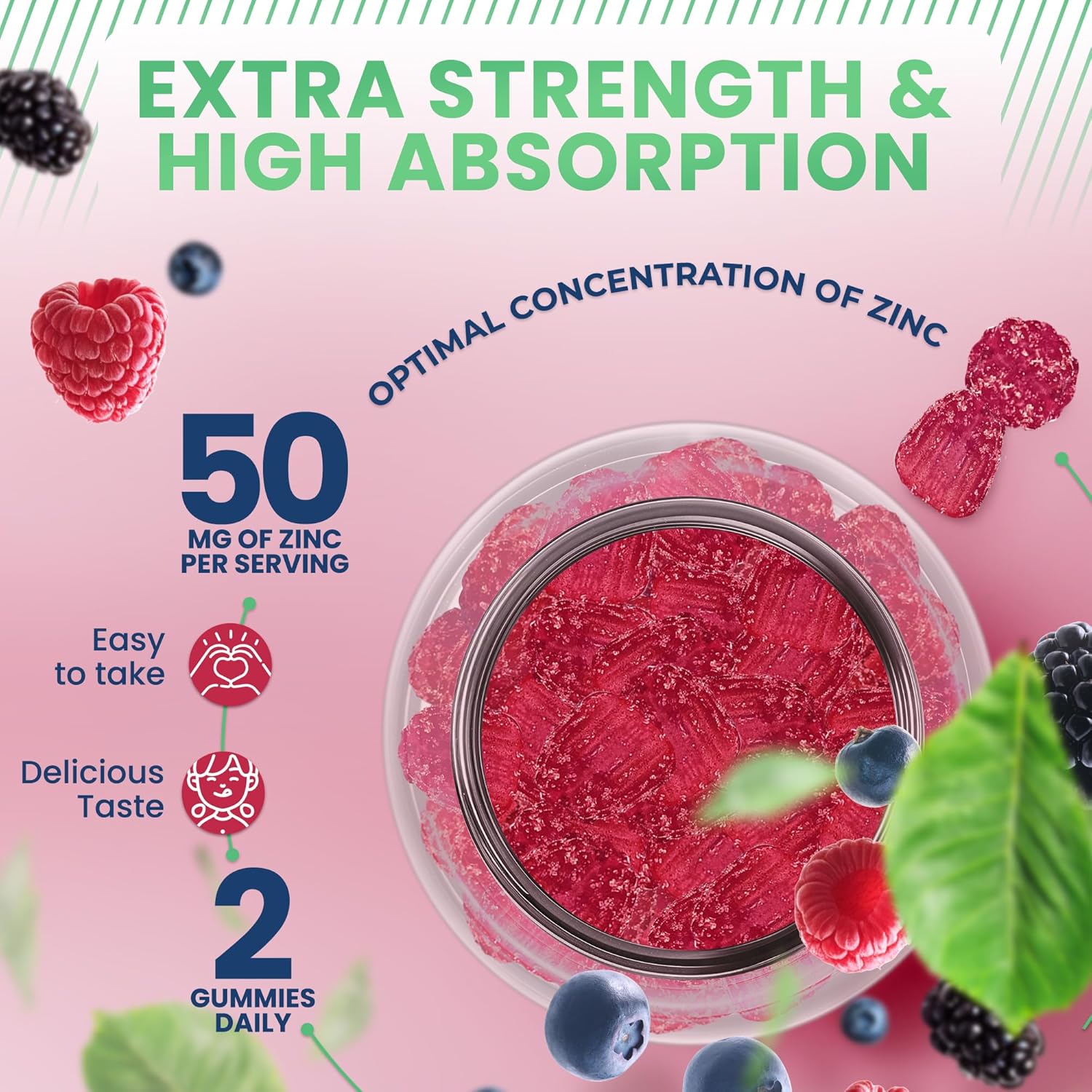 60 Sugar Free Magnesium & Zinc Gummies for Adults - Extra Strength, Vegan, Gluten Free, Relaxation, Immune Support - Non-GMO, 50mg