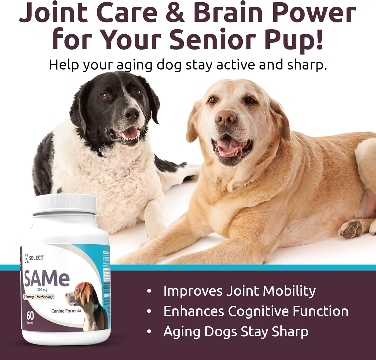 60 Tablets of K9 Select SAM-e for Medium and Large Adult Dogs: 200mg S-Adenosyl L-Methionine for Cognitive and Liver Support, Nutritional Revitalisation