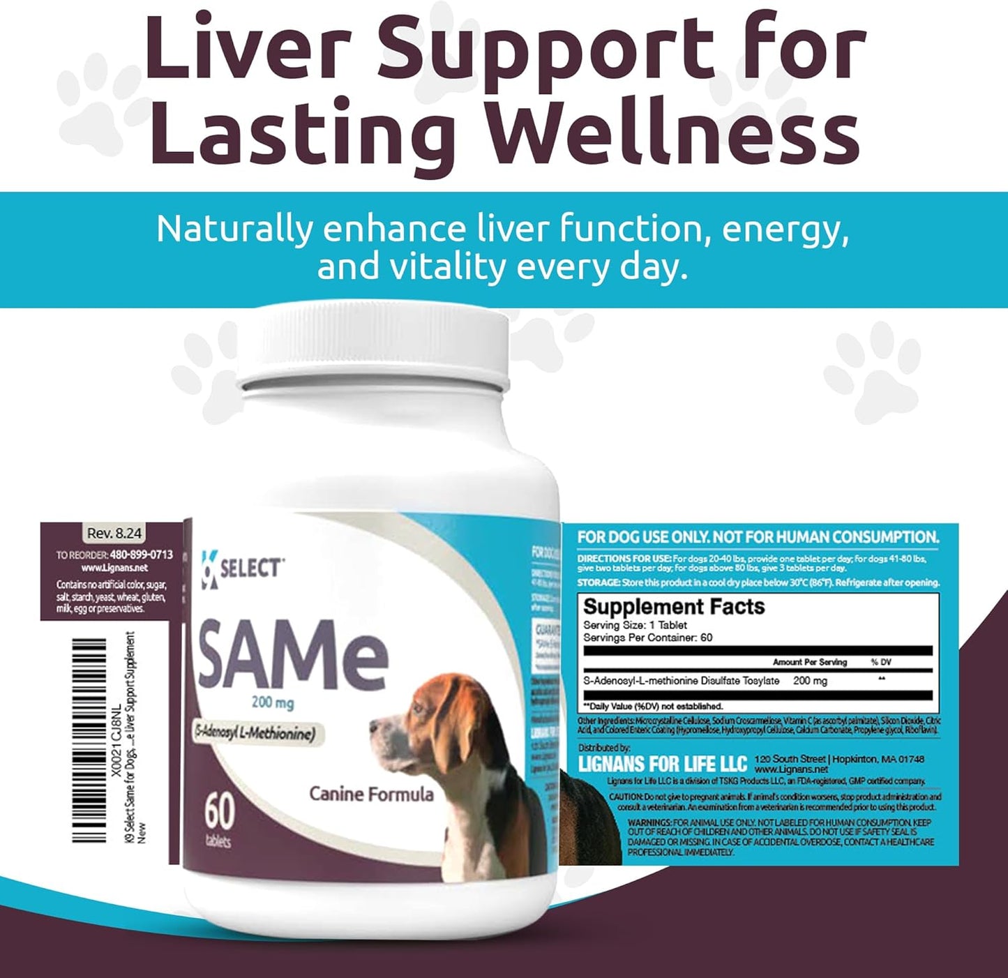60 Tablets of K9 Select SAM-e for Medium and Large Adult Dogs: 200mg S-Adenosyl L-Methionine for Cognitive and Liver Support, Nutritional Revitalisation