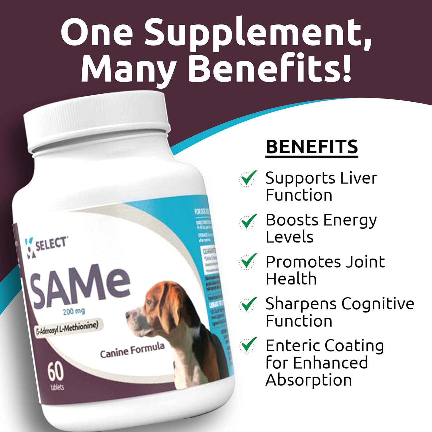 60 Tablets of K9 Select SAM-e for Medium and Large Adult Dogs: 200mg S-Adenosyl L-Methionine for Cognitive and Liver Support, Nutritional Revitalisation
