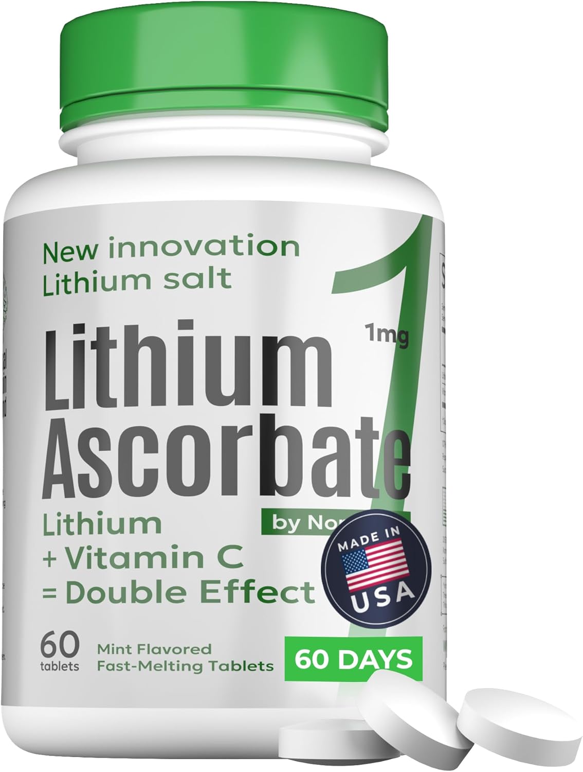 60 Tablets of NORMOTIM Lithium Ascorbate with Vitamin C - Memory and Focus Brain Supplement, Mood and Stress Relief, Lithium Orotate, Depression Support