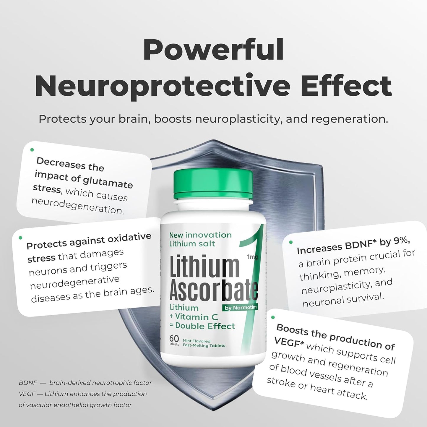 60 Tablets of NORMOTIM Lithium Ascorbate with Vitamin C - Memory and Focus Brain Supplement, Mood and Stress Relief, Lithium Orotate, Depression Support
