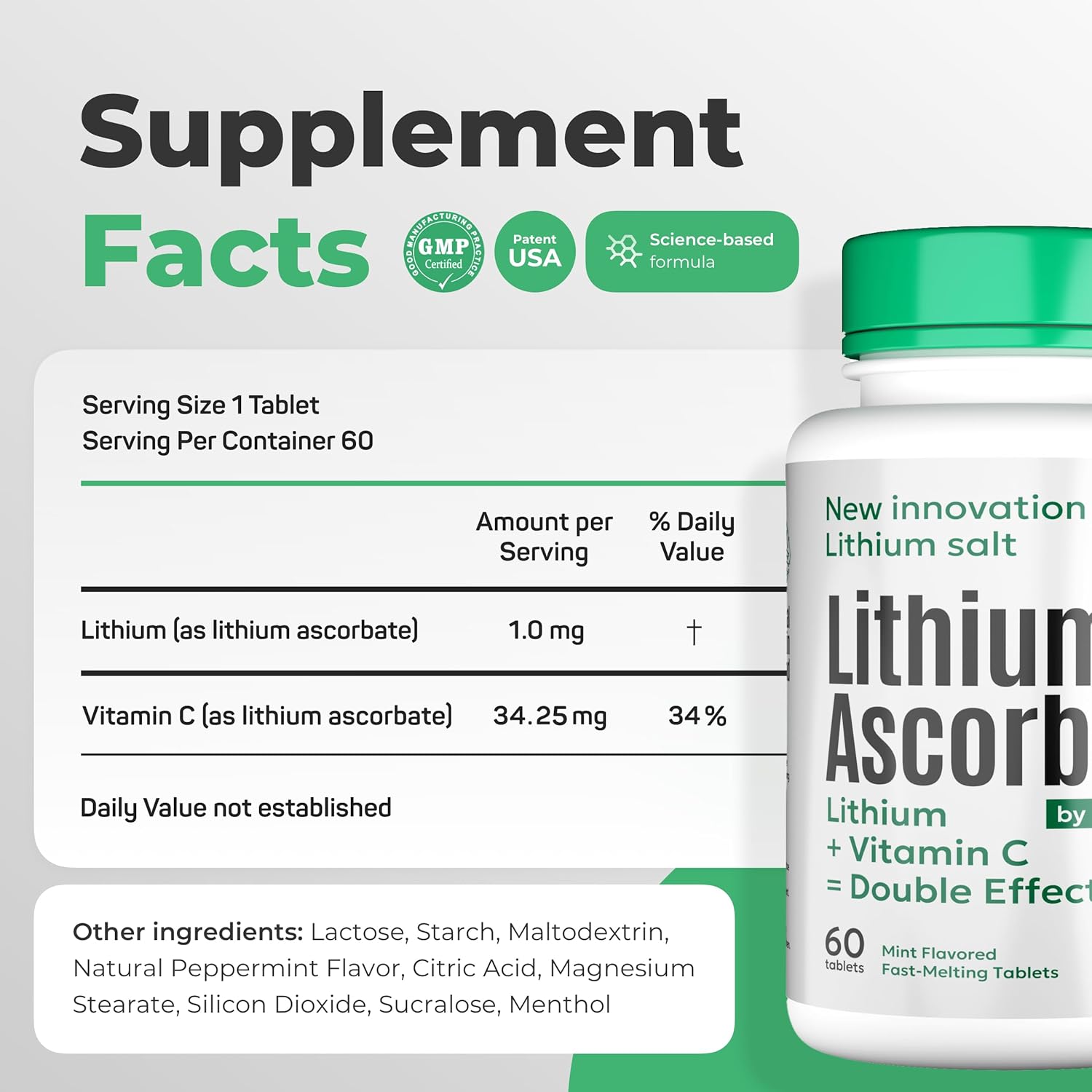 60 Tablets of NORMOTIM Lithium Ascorbate with Vitamin C - Memory and Focus Brain Supplement, Mood and Stress Relief, Lithium Orotate, Depression Support