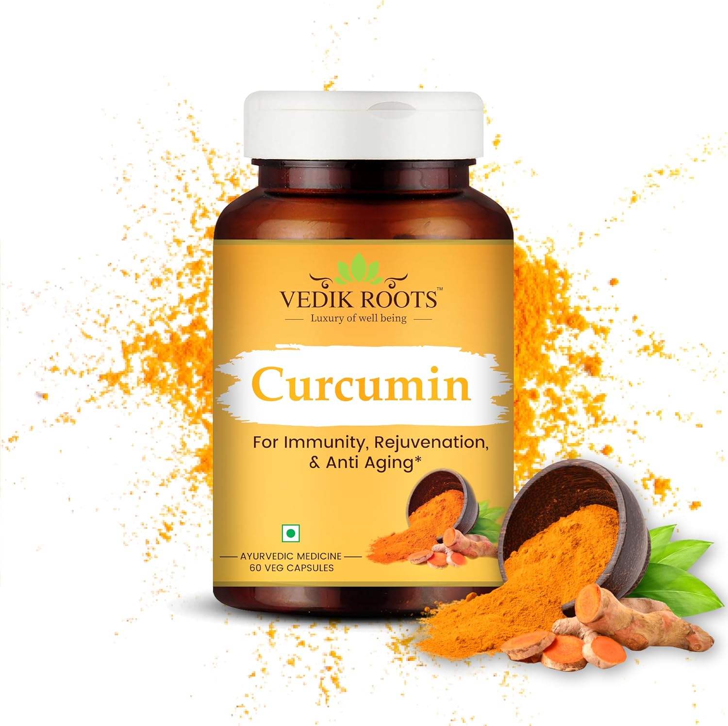 60 VEDIKROOTS Curcumin Capsules for Joint Comfort, Anti-Aging, and Inflammation Relief - Antioxidant Properties - 60 Veg Capsules