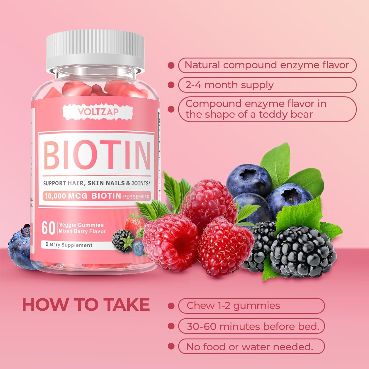 60 Vegan Biotin Gummies for Healthy Skin, Hair, and Nails - Antioxidant Support for Women & Men, Non-GMO Formula by VOLTZAP