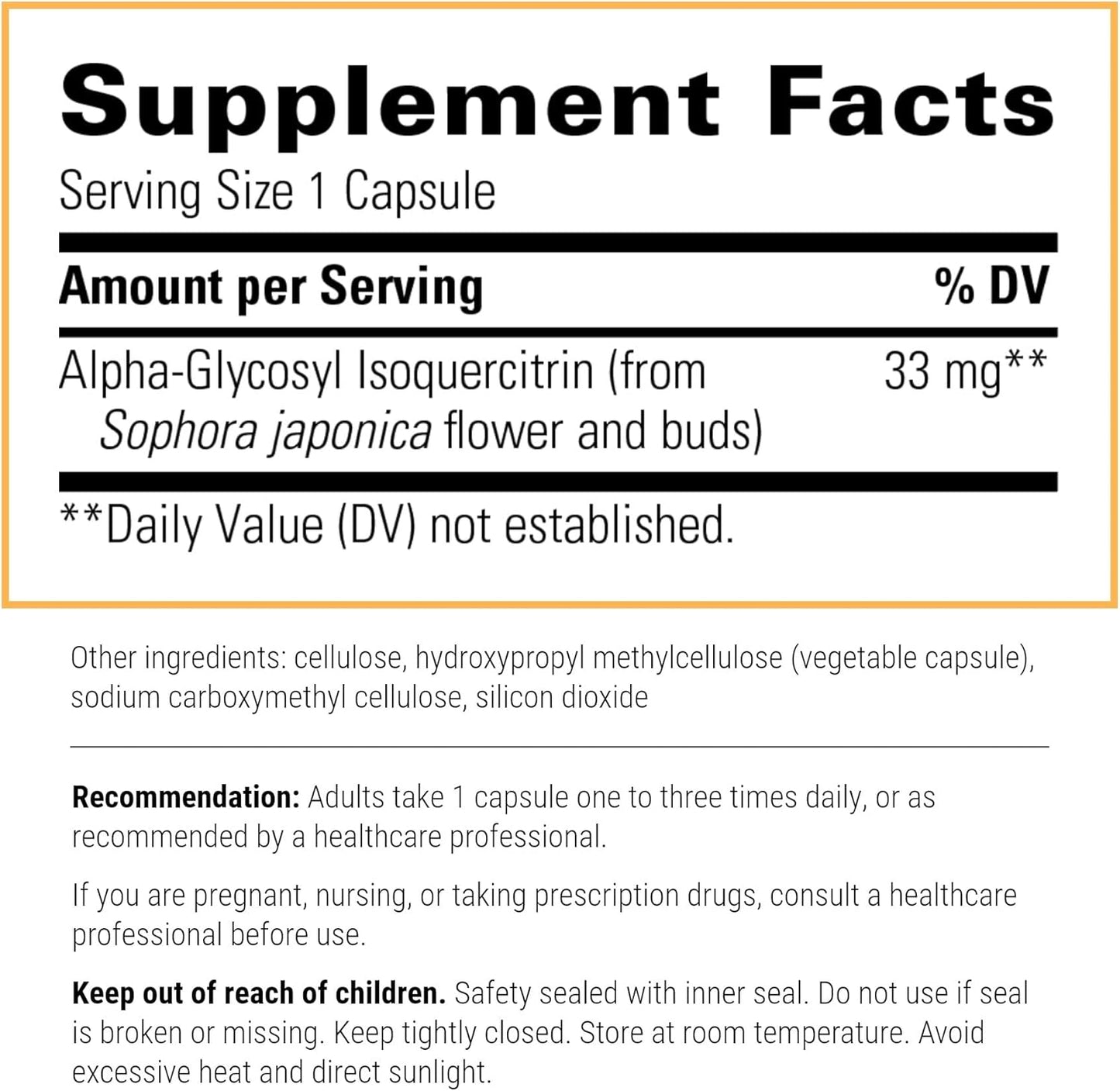 60 Vegan Capsules Alpha-Glycosyl Isoquercitrin Quercetin Supplement - Antioxidant Support for Cellular Regulation - Gluten-Free & Vegan Flavonoid Supplement