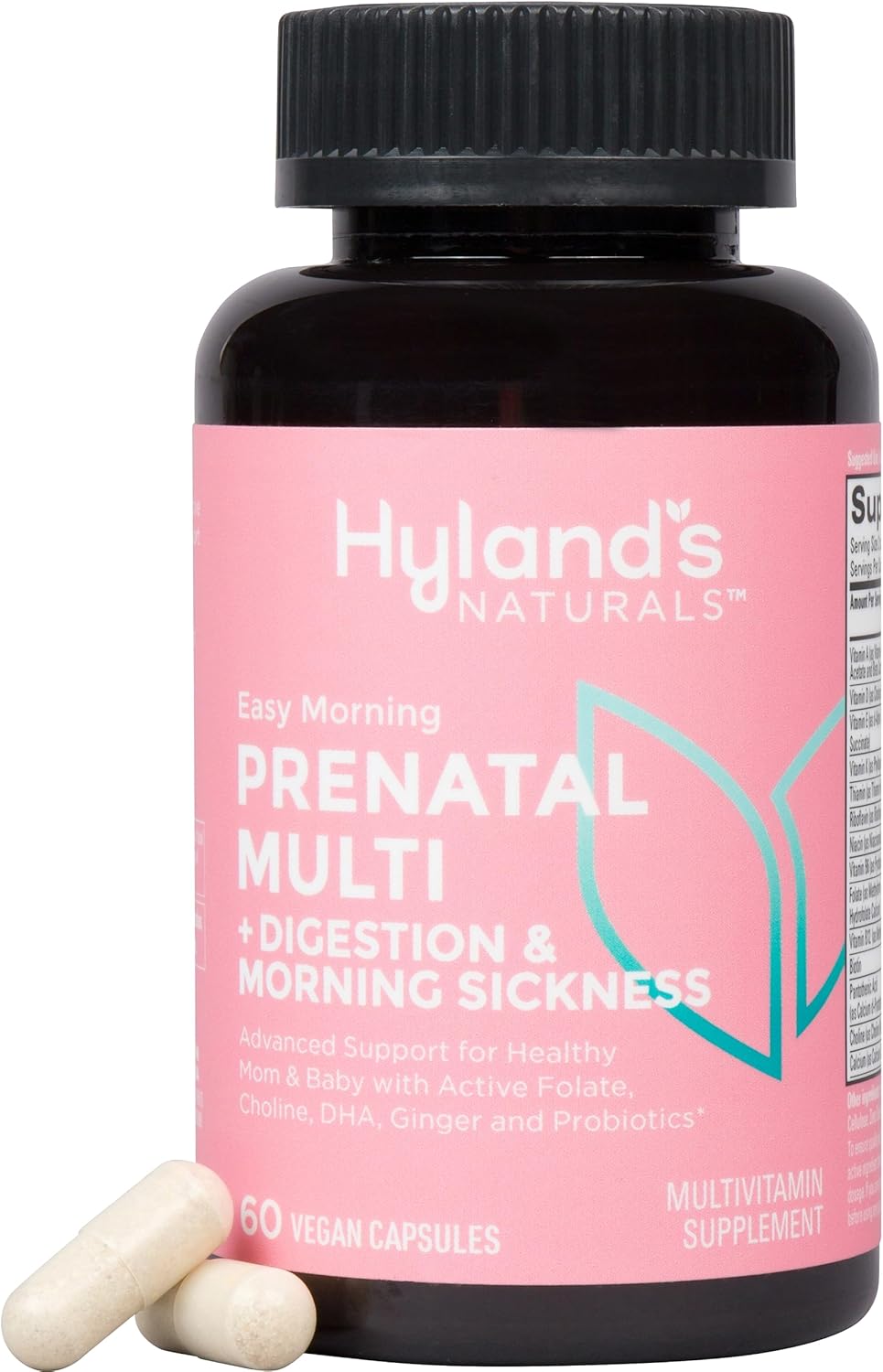 60 Vegan Capsules Hyland's Easy Morning Prenatal Multivitamin with Folate, Choline, Zinc, Ginger Root, Prebiotics, Algae DHA - Digestive Health & Morning Sickness Relief