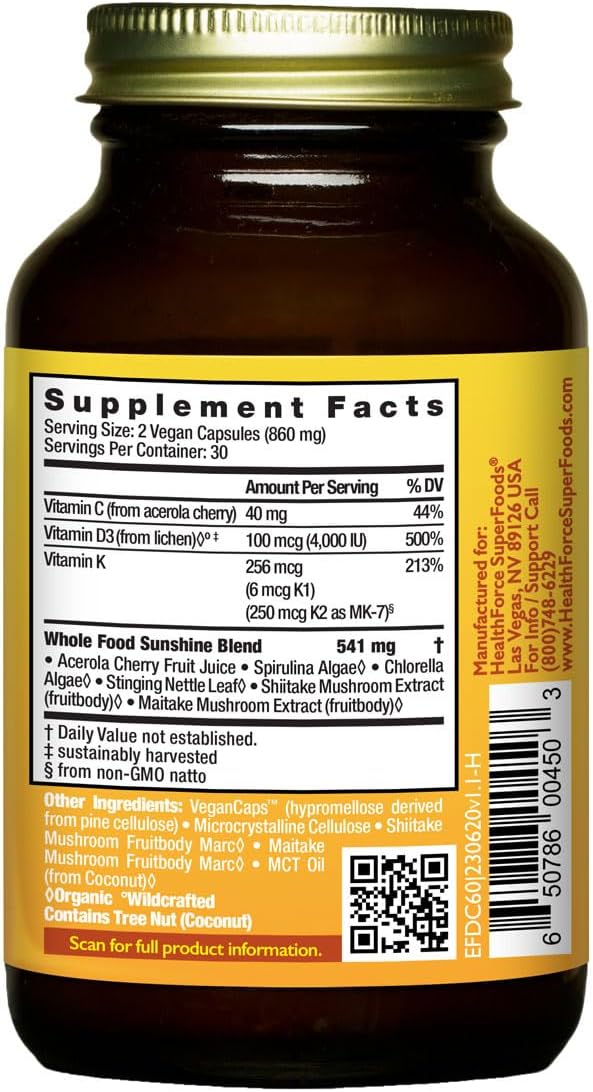 60 Vegan Capsules of HealthForce SuperFoods Truly Natural Vitamin D for Optimal Health Support