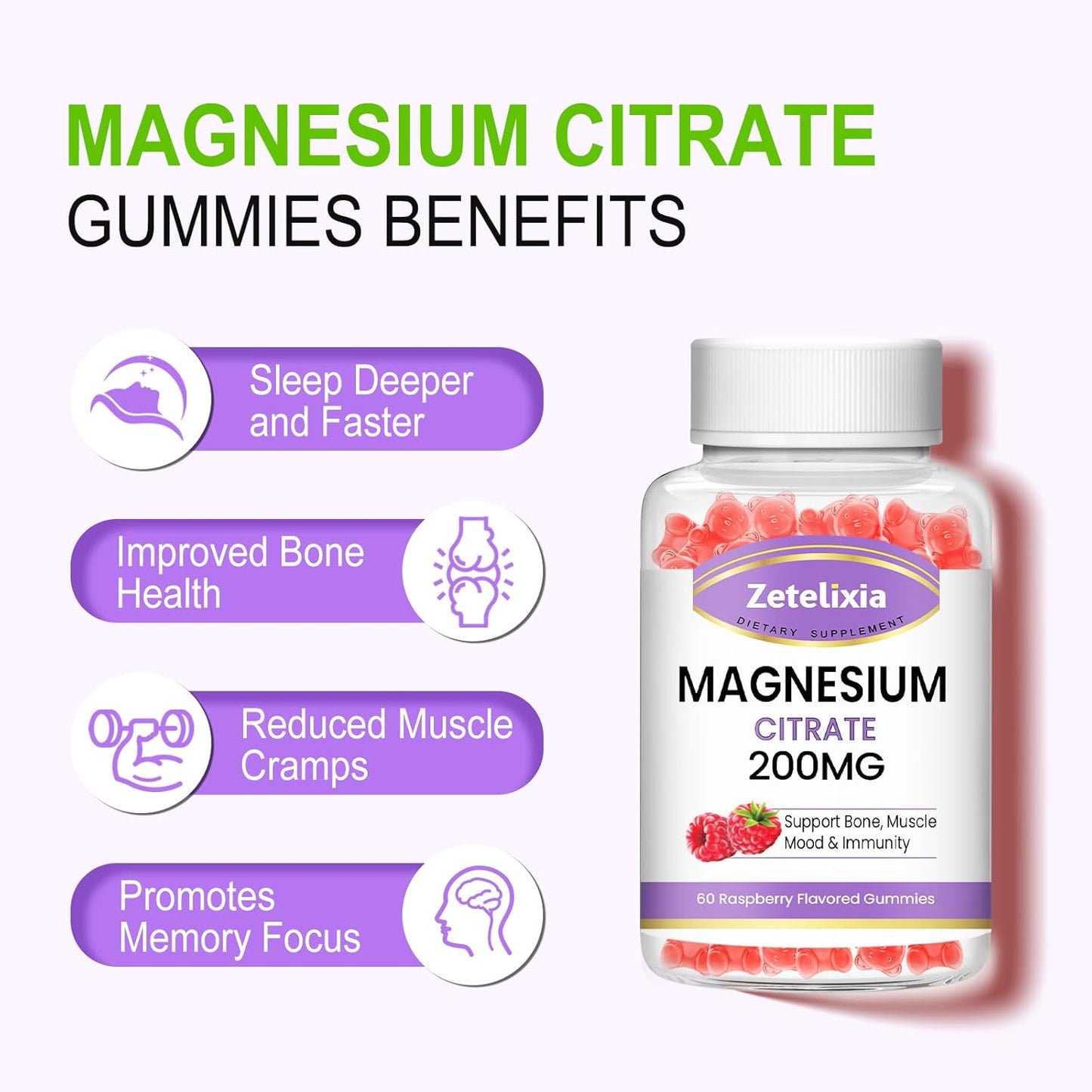 60 Vegan Raspberry Magnesium Citrate Gummies for Adults, High Absorption Support for Bones, Muscles, and Teeth by Zetelixia