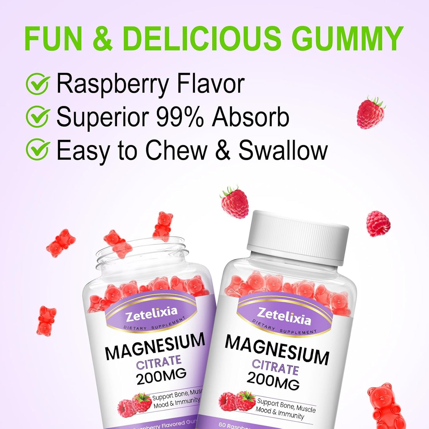 60 Vegan Raspberry Magnesium Citrate Gummies for Adults, High Absorption Support for Bones, Muscles, and Teeth by Zetelixia