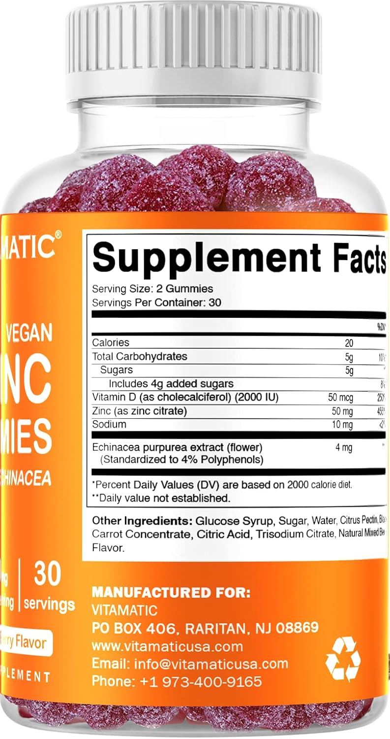 60 Vegan Zinc Gummies - 50mg - Gluten Free - Immune Support for Adults - Men and Women