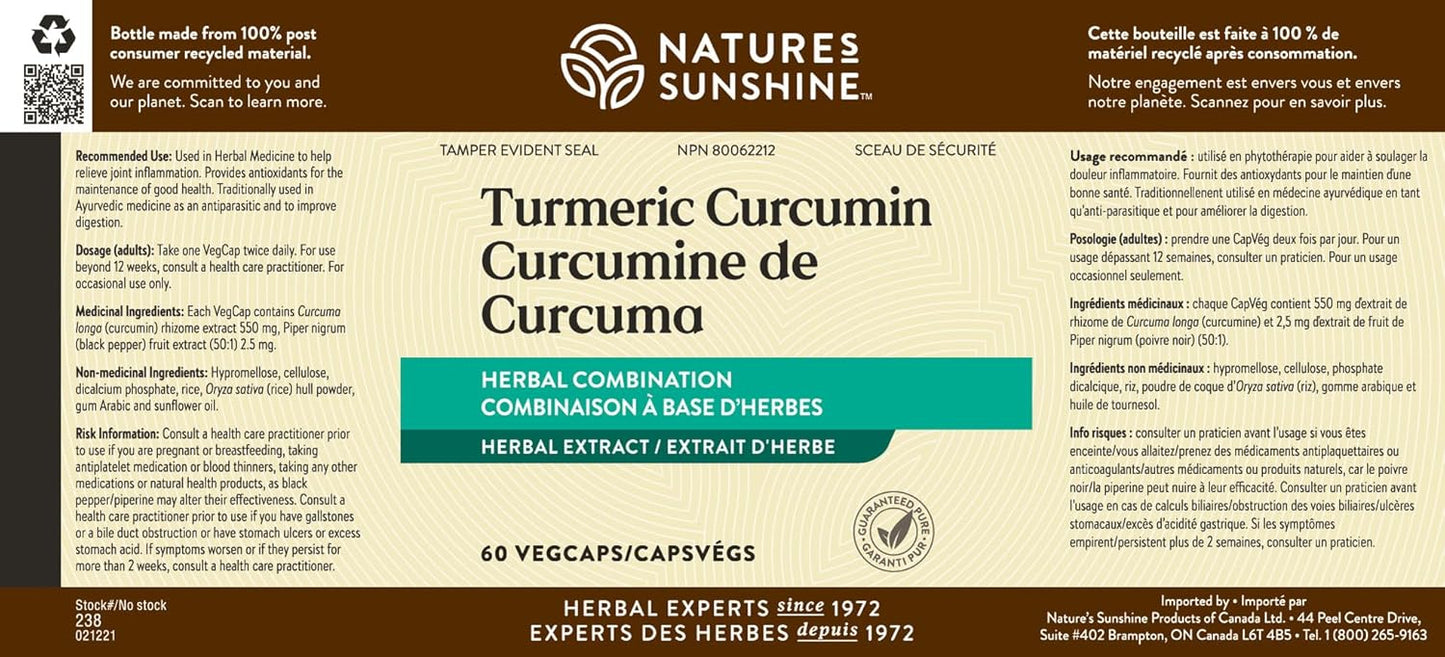60 VegCaps of Nature's Sunshine Turmeric Curcumin Supplement for Natural Wellness and Joint Support