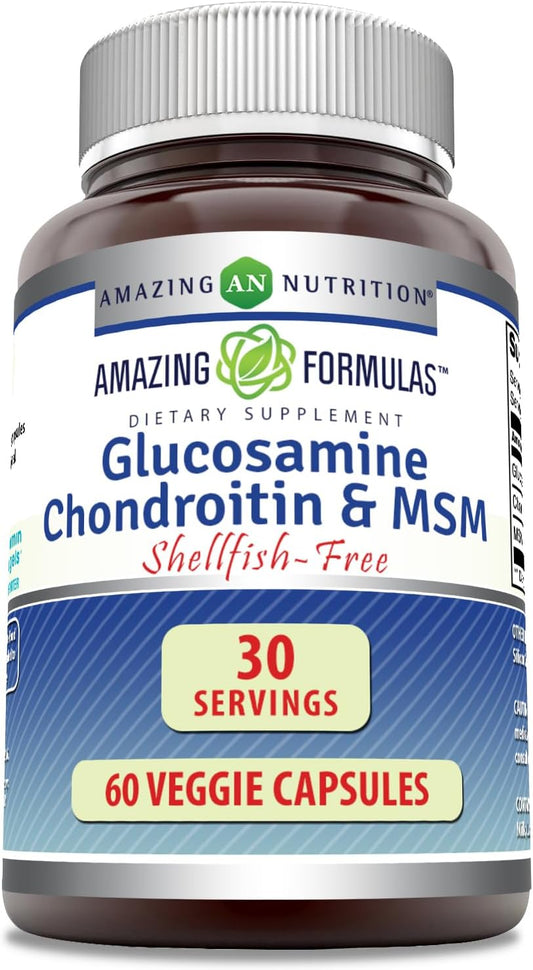 60 Veggie Capsules of Amazing Formulas Glucosamine Chondroitin & MSM - Shellfish Free, Non-GMO, Gluten Free - Made in USA - Vegetarian Friendly