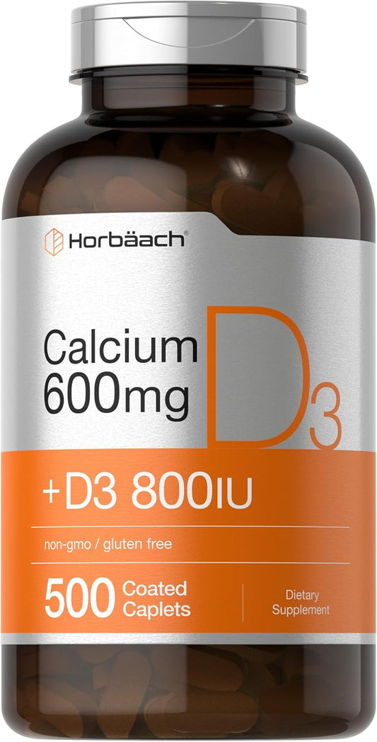 600 mg Horbäach Calcium Supplement with Vitamin D3 - 500 Coated Caplets, Non-GMO & Gluten Free