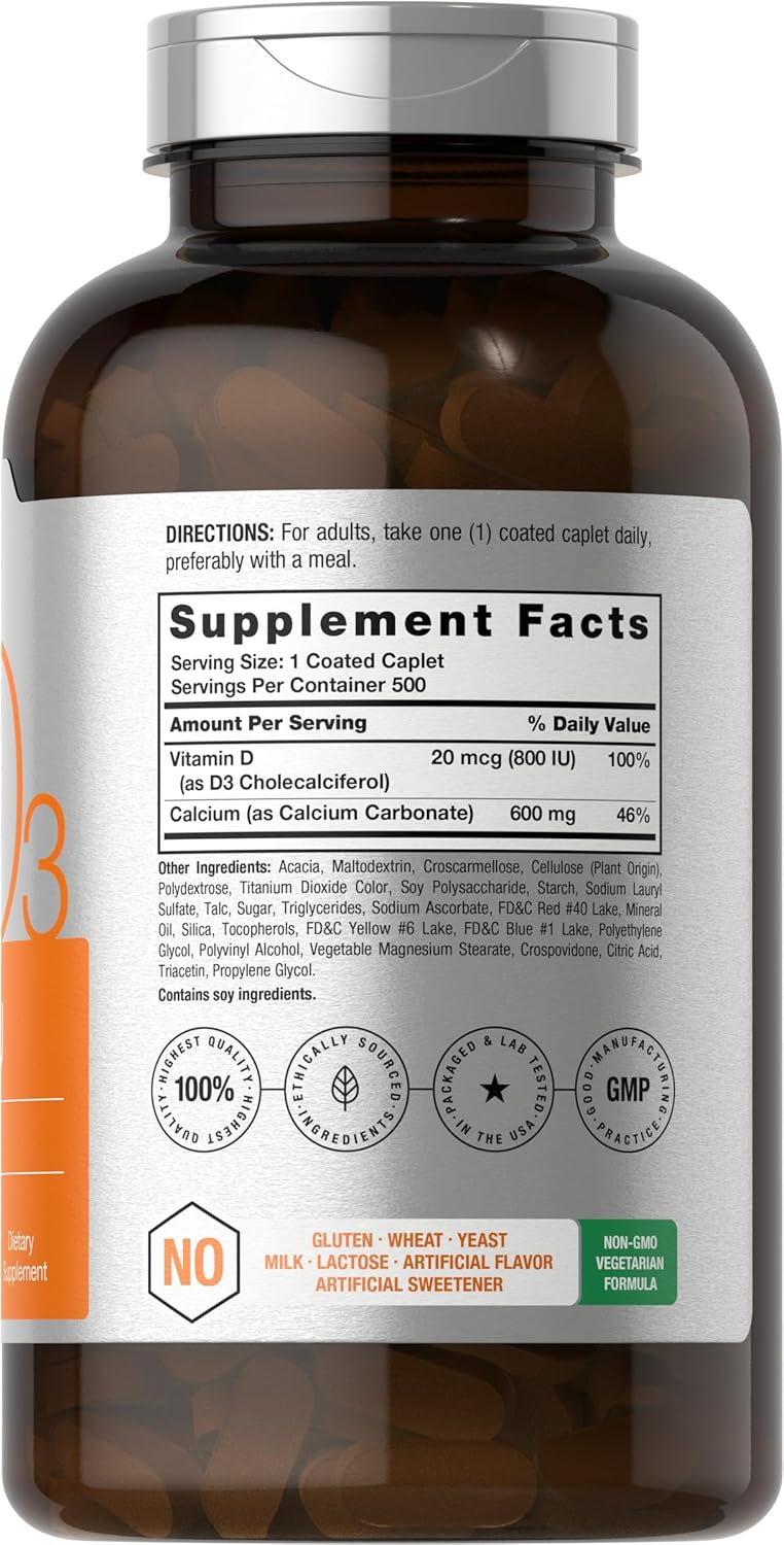 600 mg Horbäach Calcium Supplement with Vitamin D3 - 500 Coated Caplets, Non-GMO & Gluten Free