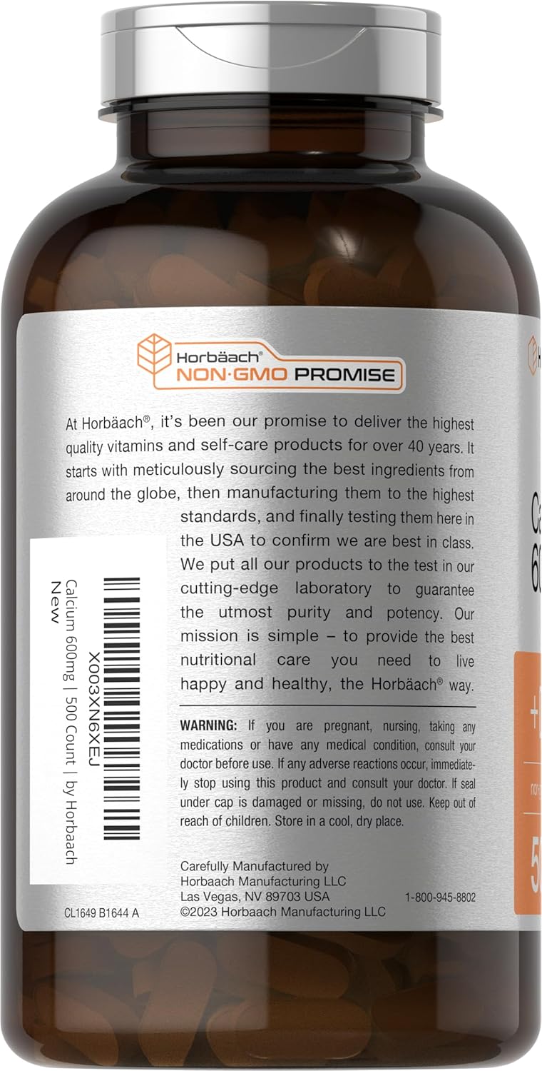 600 mg Horbäach Calcium Supplement with Vitamin D3 - 500 Coated Caplets, Non-GMO & Gluten Free