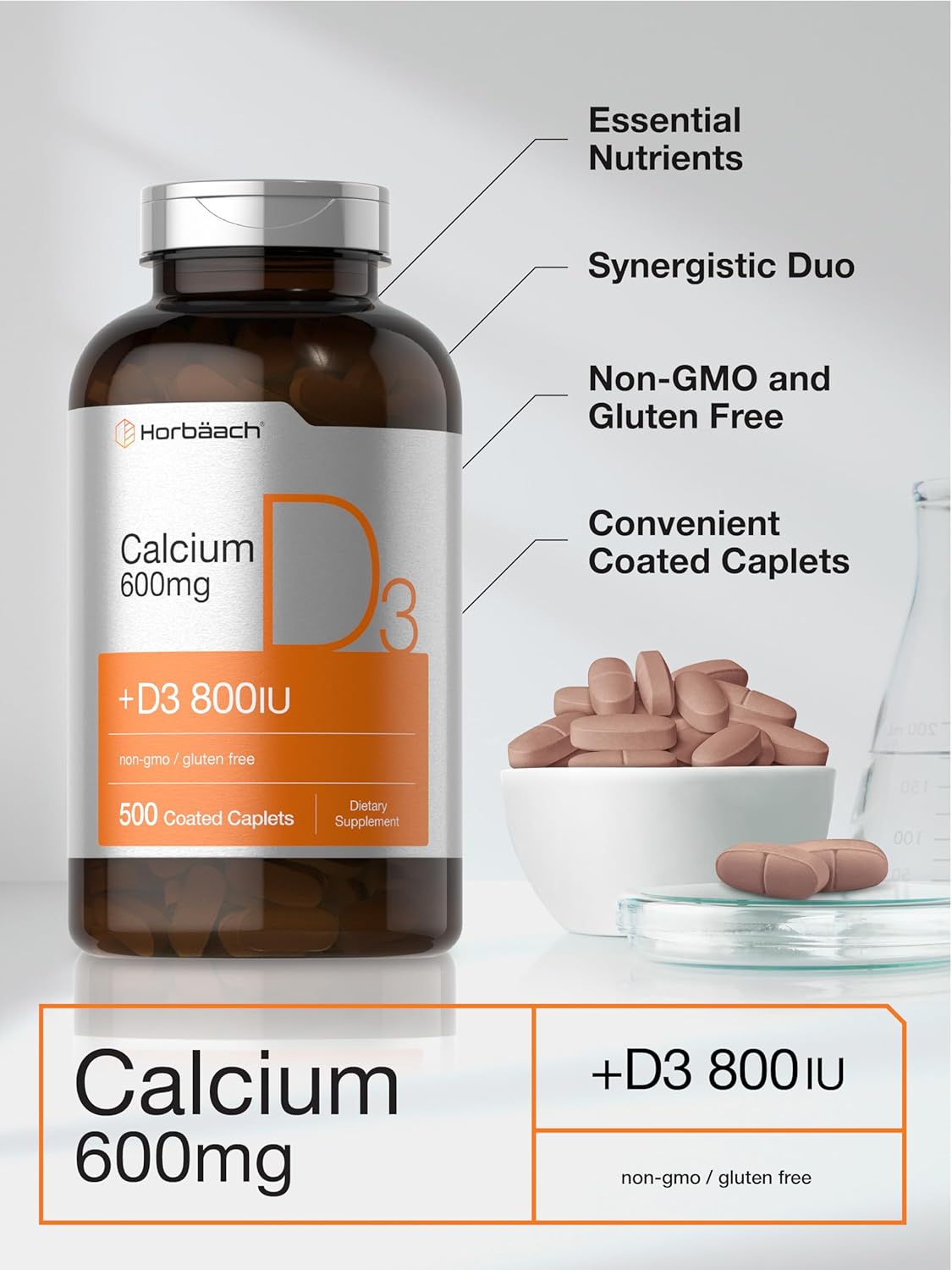 600 mg Horbäach Calcium Supplement with Vitamin D3 - 500 Coated Caplets, Non-GMO & Gluten Free