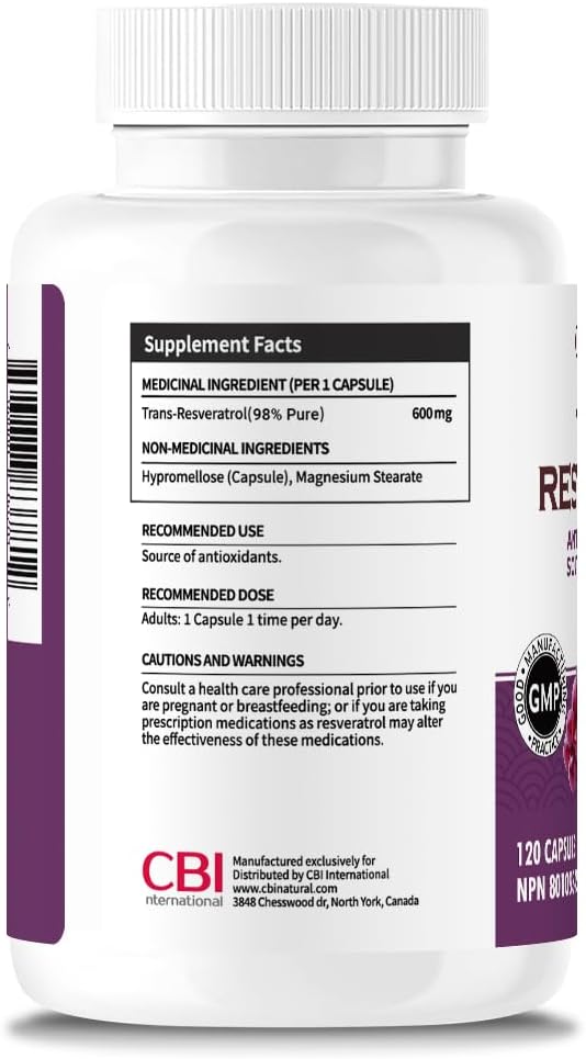 600 mg Trans-Resveratrol (98% Pure) Capsules - 120 Vegan, 4-Month Supply