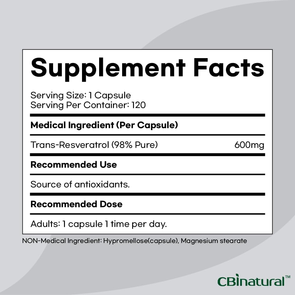 600 mg Trans-Resveratrol (98% Pure) Capsules - 120 Vegan, 4-Month Supply