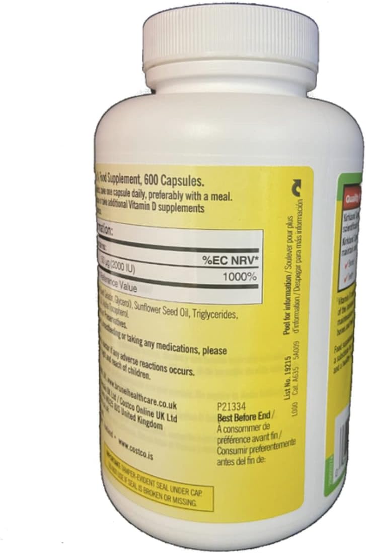 600 Softgels Kirkland Signature Extra Strength Vitamin D3 2000 I.U. - Large Bottle for Immune Support