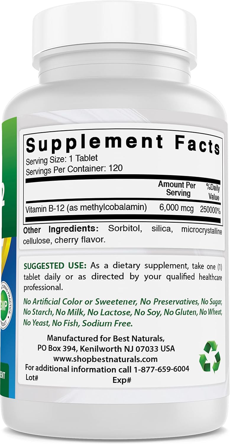 6000 mcg Methyl B12 Sublingual Tablets - 360 Count - Best Naturals Vitamin B-12 Methylcobalamin