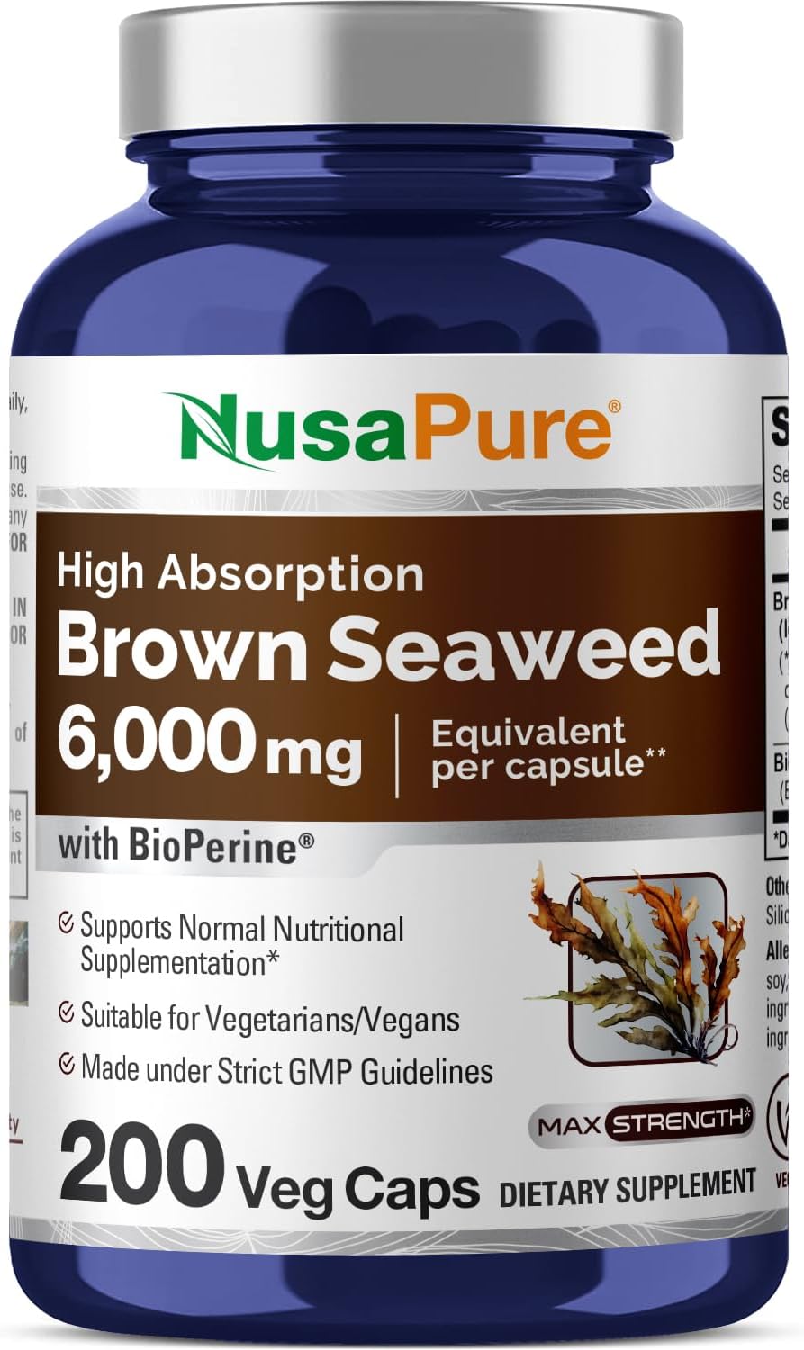6,000 mg Brown Seaweed Extract - 200 Veggie Capsules with Fucoxanthin - Vegan & Non-GMO - NusaPure