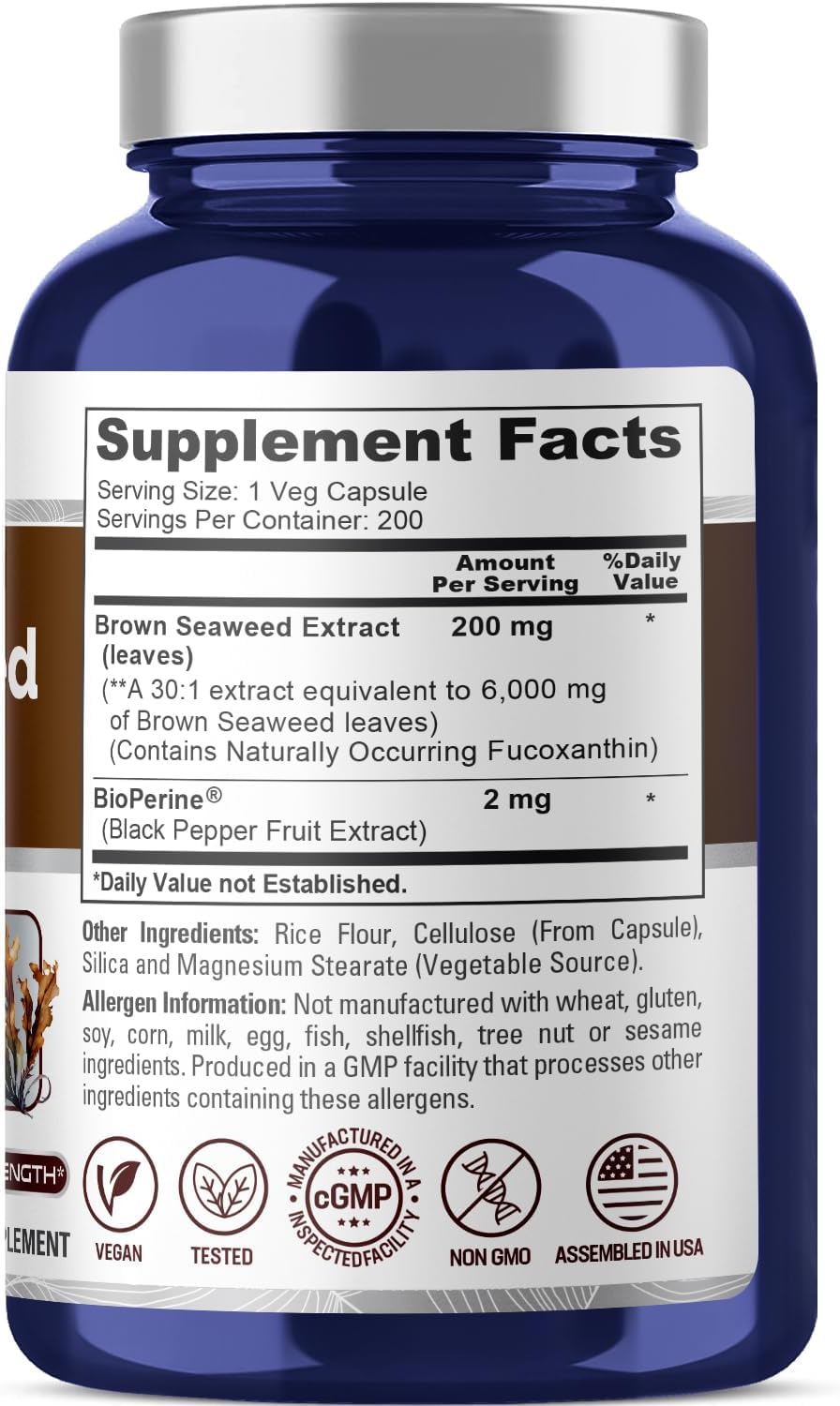 6,000 mg Brown Seaweed Extract - 200 Veggie Capsules with Fucoxanthin - Vegan & Non-GMO - NusaPure