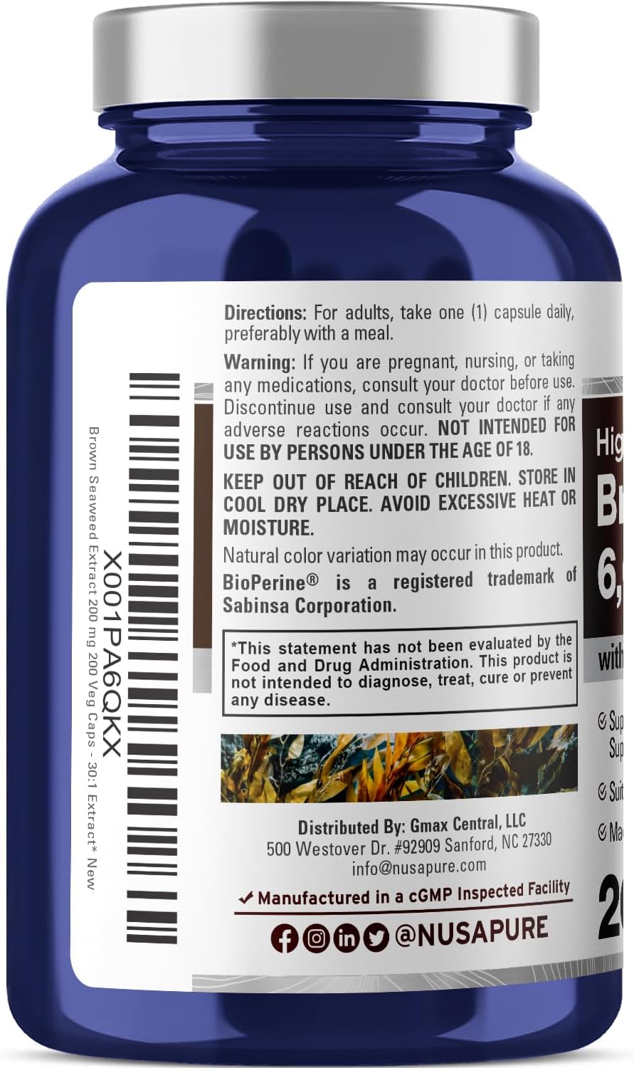 6,000 mg Brown Seaweed Extract - 200 Veggie Capsules with Fucoxanthin - Vegan & Non-GMO - NusaPure
