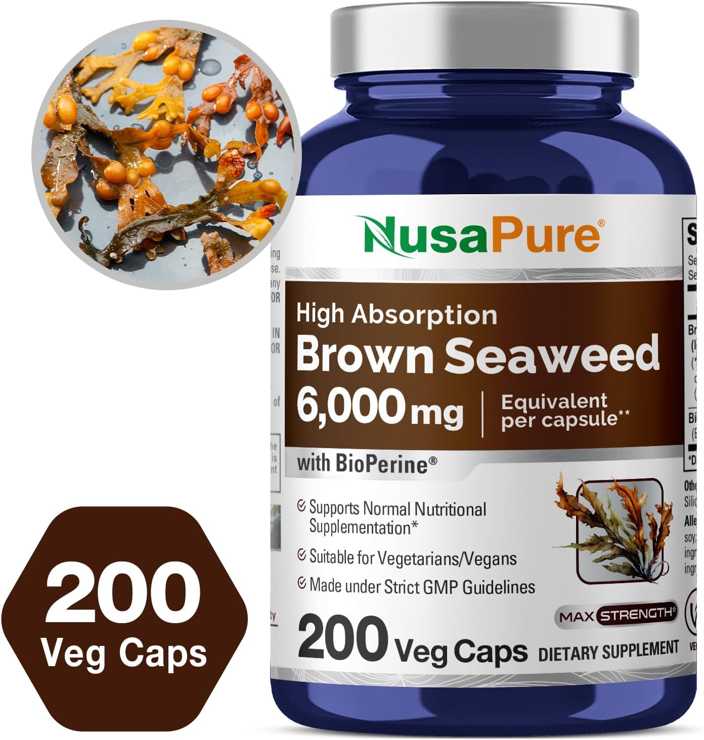 6,000 mg Brown Seaweed Extract - 200 Veggie Capsules with Fucoxanthin - Vegan & Non-GMO - NusaPure