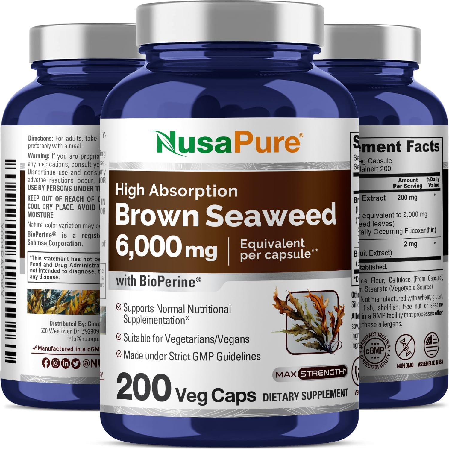 6,000 mg Brown Seaweed Extract - 200 Veggie Capsules with Fucoxanthin - Vegan & Non-GMO - NusaPure