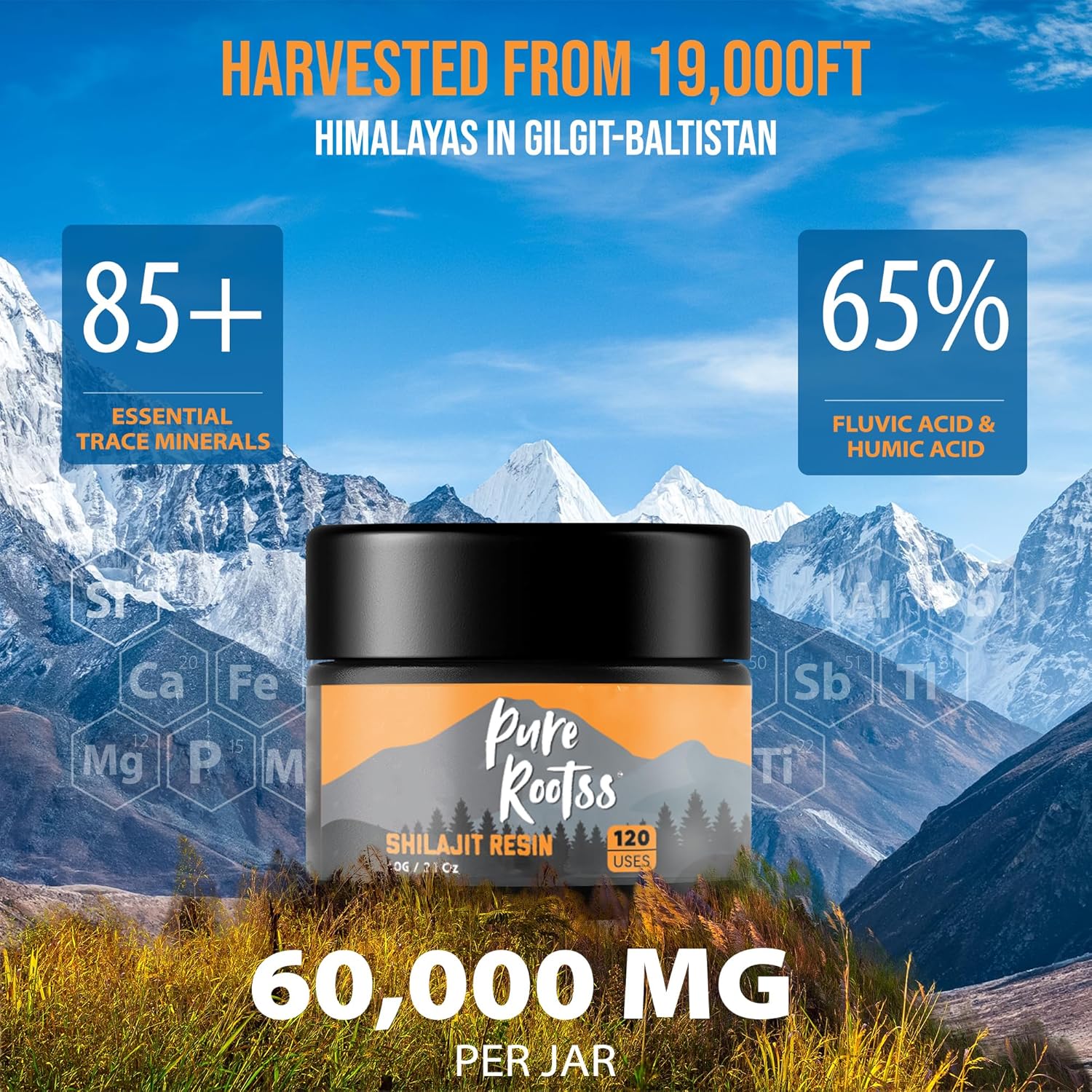 60,000 MG Shilajit Pure Organic Resin - 65% Fulvic Acid & 85+ Trace Minerals - Energy Booster & Immune Support - Sugar Free - 120 Servings