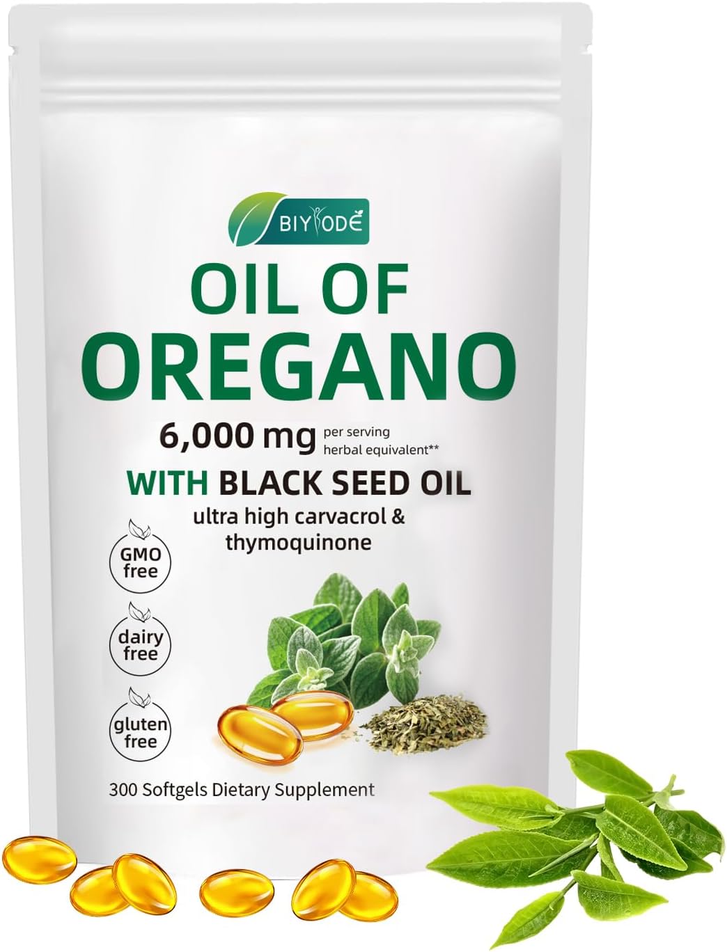 6,000mg Oil of Oregano with Black Seed Oil Softgels - 300 Capsules for Immune Support - Non-GMO Supplement