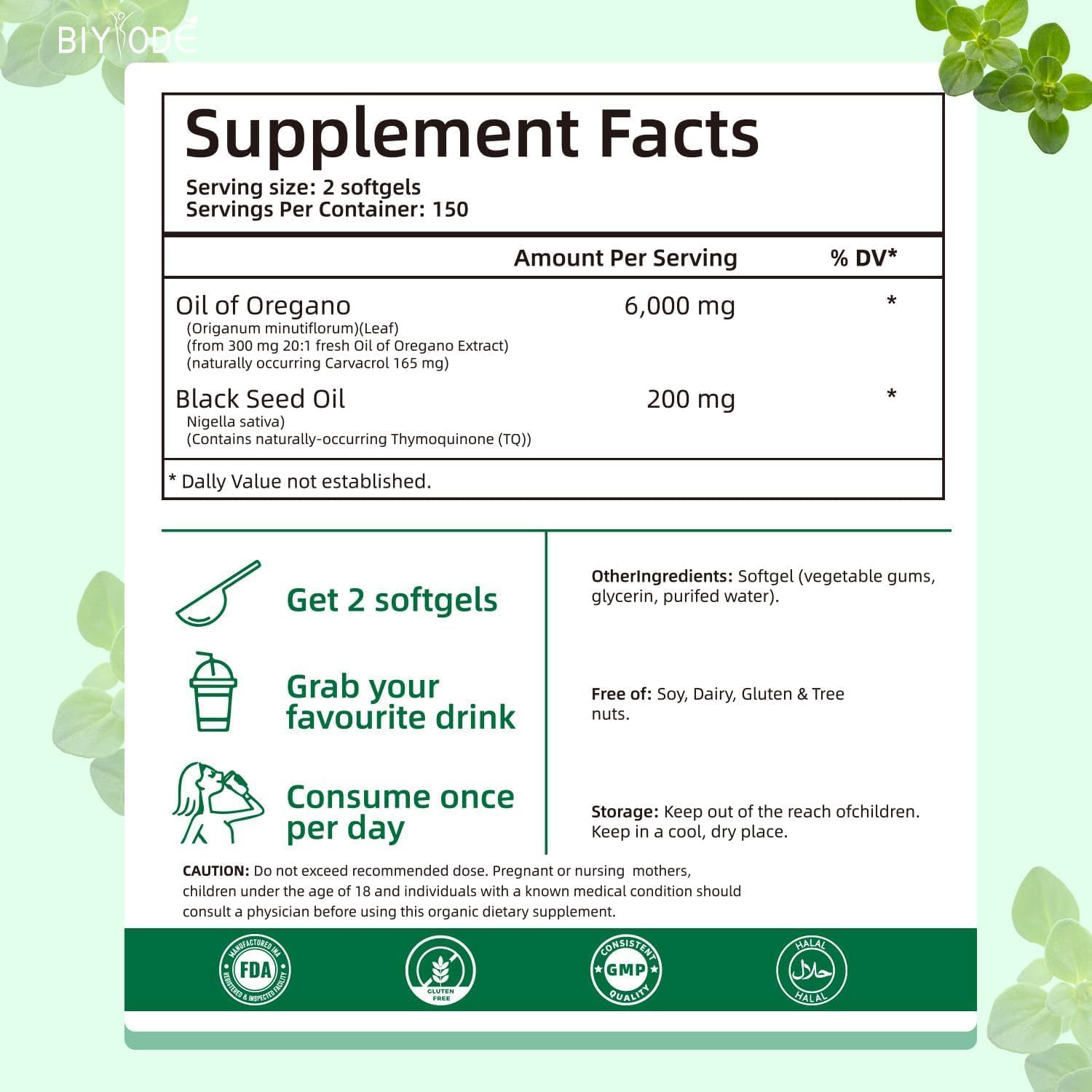 6,000mg Oil of Oregano with Black Seed Oil Softgels - 300 Capsules for Immune Support - Non-GMO Supplement