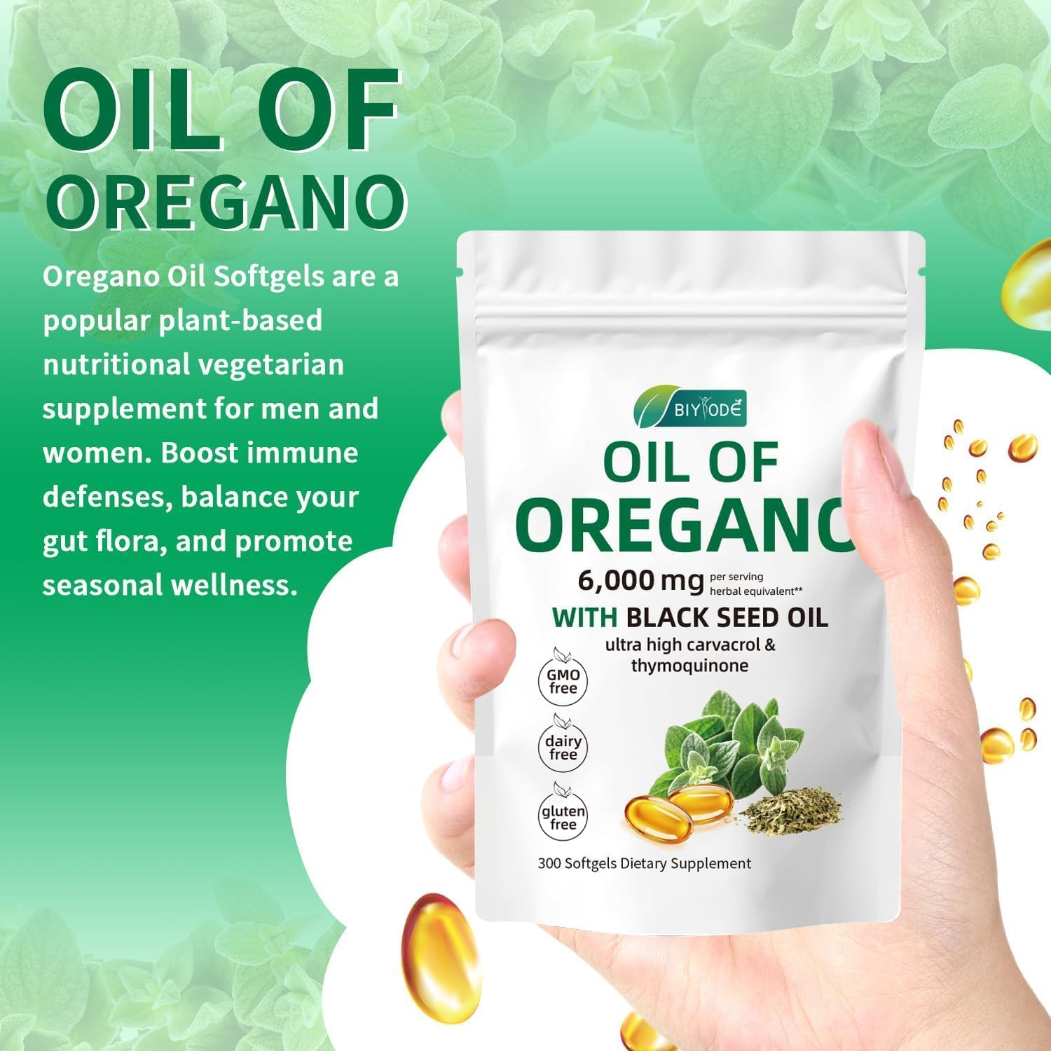 6,000mg Oil of Oregano with Black Seed Oil Softgels - 300 Capsules for Immune Support - Non-GMO Supplement