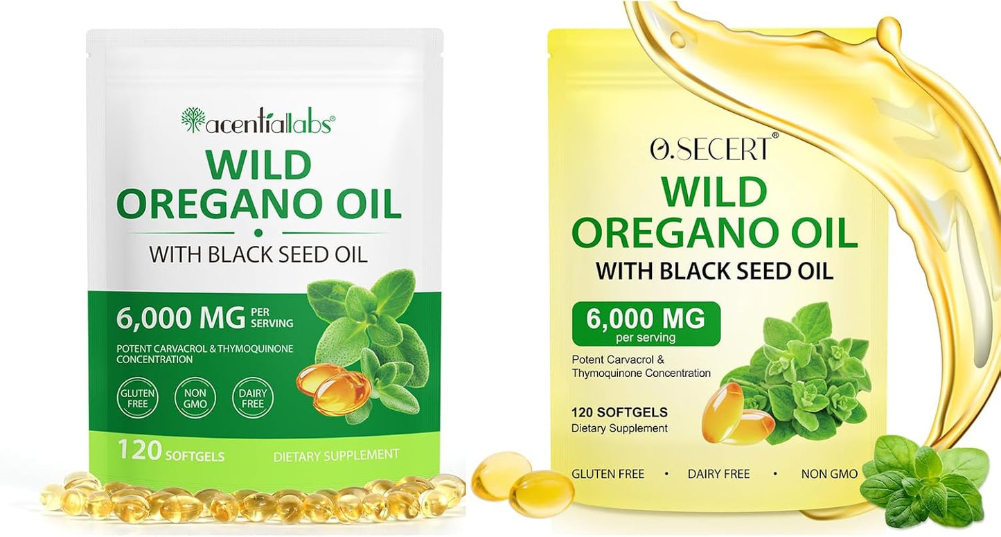 6000mg Oregano Oil Softgels with Black Seed Oil | 2-in-1 Antioxidant Supplement | Non-GMO, Gluten-Free 120 Capsules