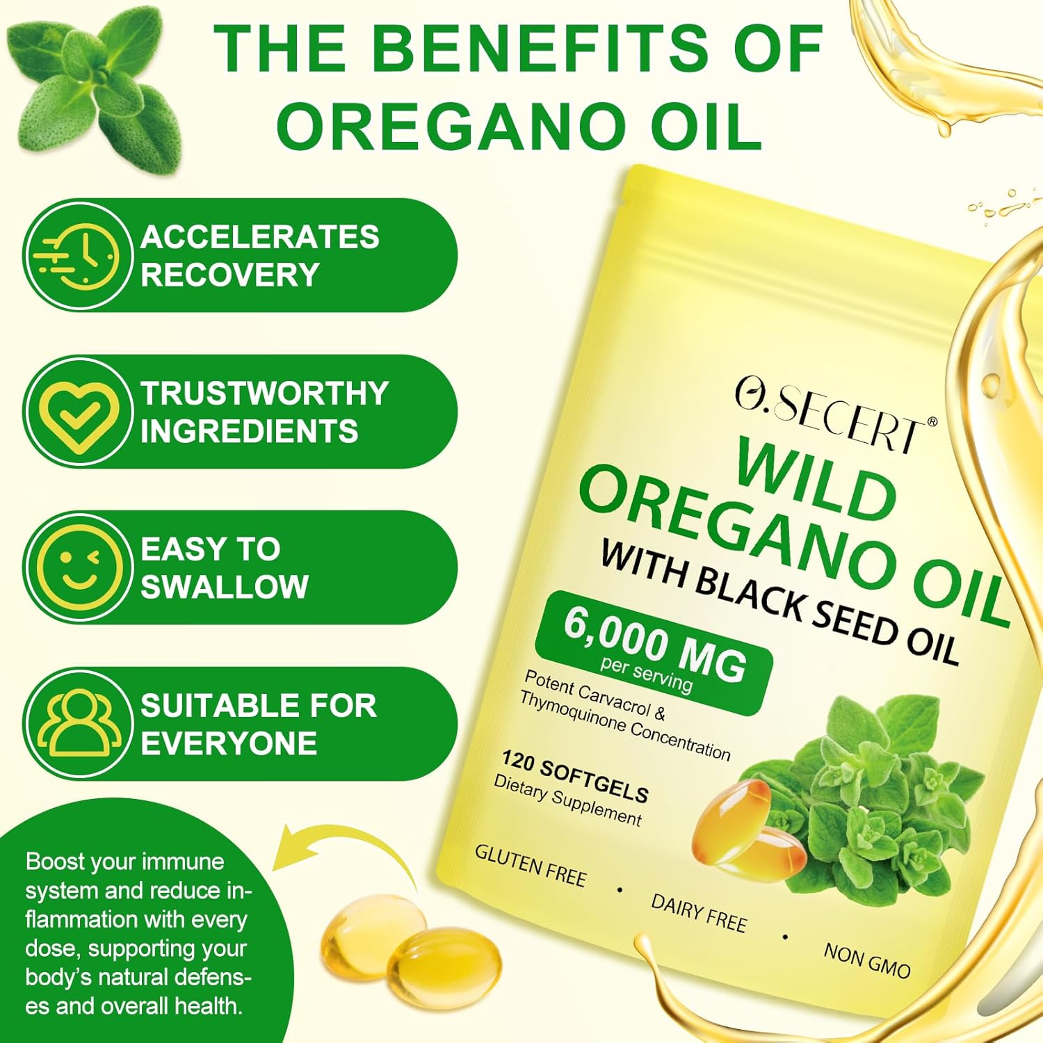 6000mg Oregano Oil Softgels with Black Seed Oil | 2-in-1 Antioxidant Supplement | Non-GMO, Gluten-Free 120 Capsules