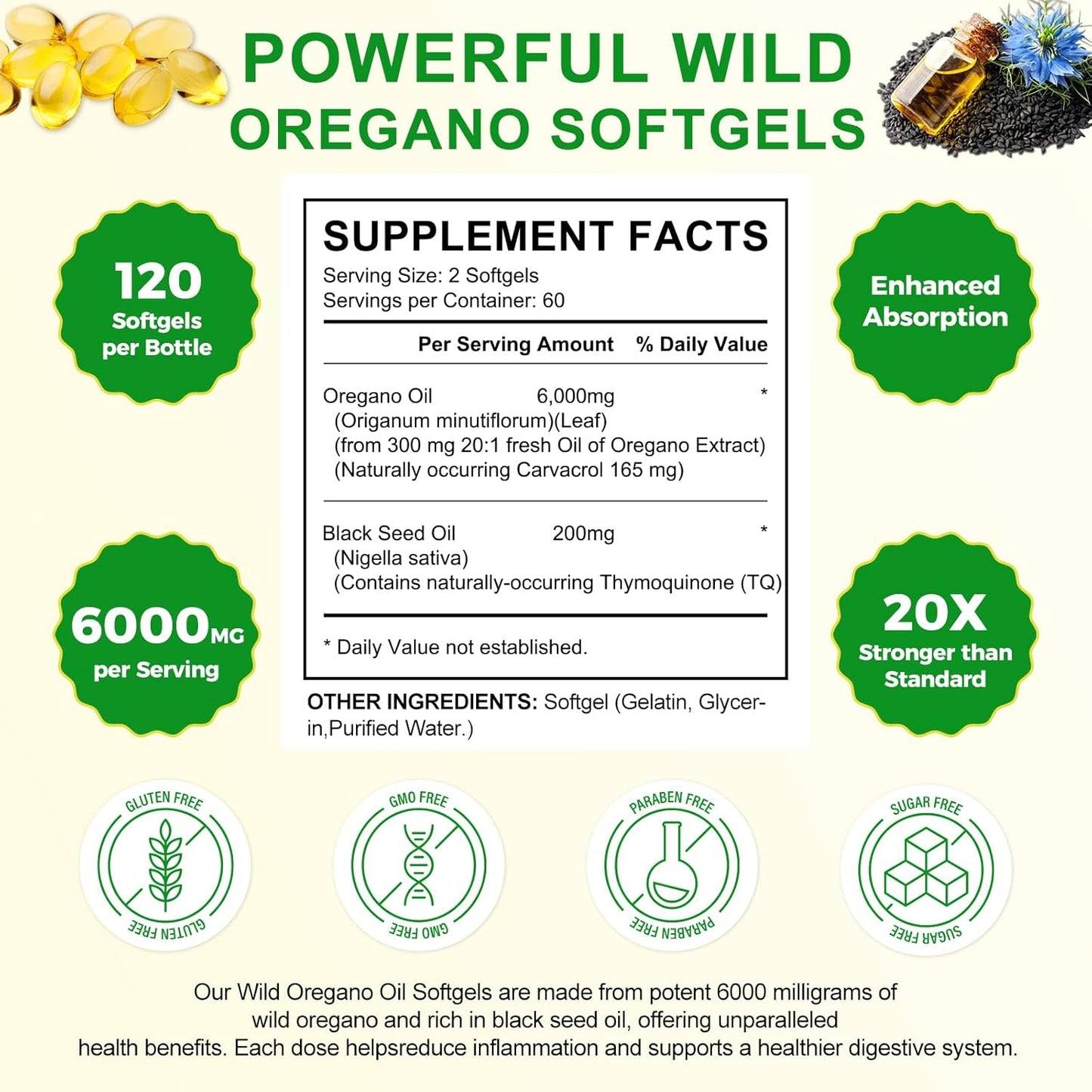 6000mg Oregano Oil Softgels with Black Seed Oil | 2-in-1 Antioxidant Supplement | Non-GMO, Gluten-Free 120 Capsules