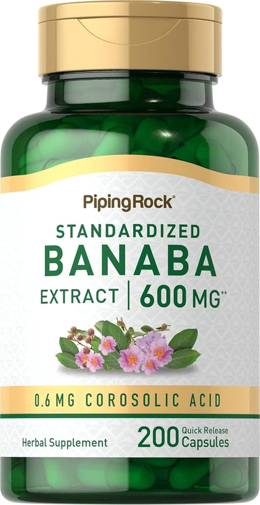 600mg Banaba Leaf Extract Capsules - 200 Pills with Corosolic Acid for Blood Sugar Support - Non-GMO & Gluten Free Herbal Supplement