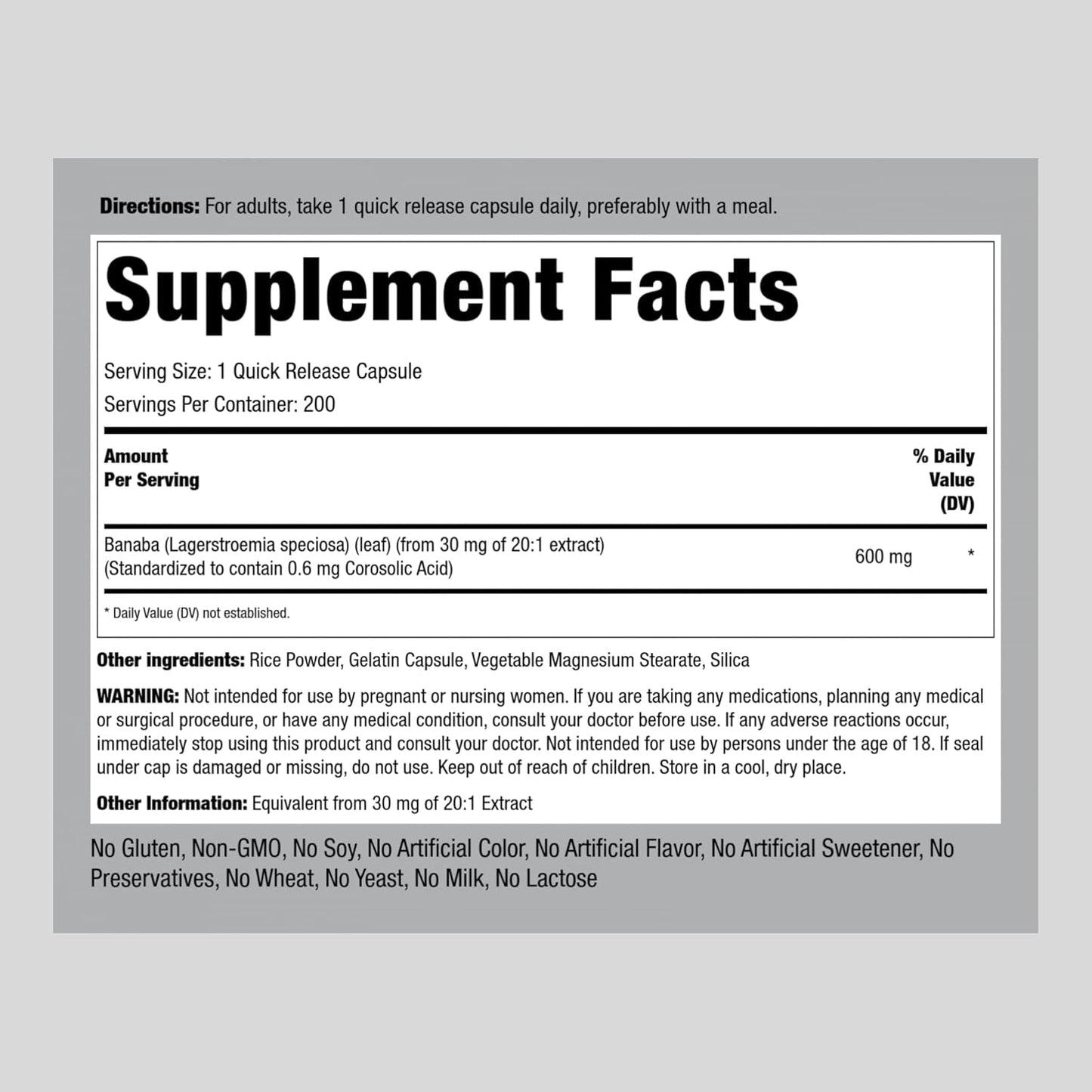 600mg Banaba Leaf Extract Capsules - 200 Pills with Corosolic Acid for Blood Sugar Support - Non-GMO & Gluten Free Herbal Supplement